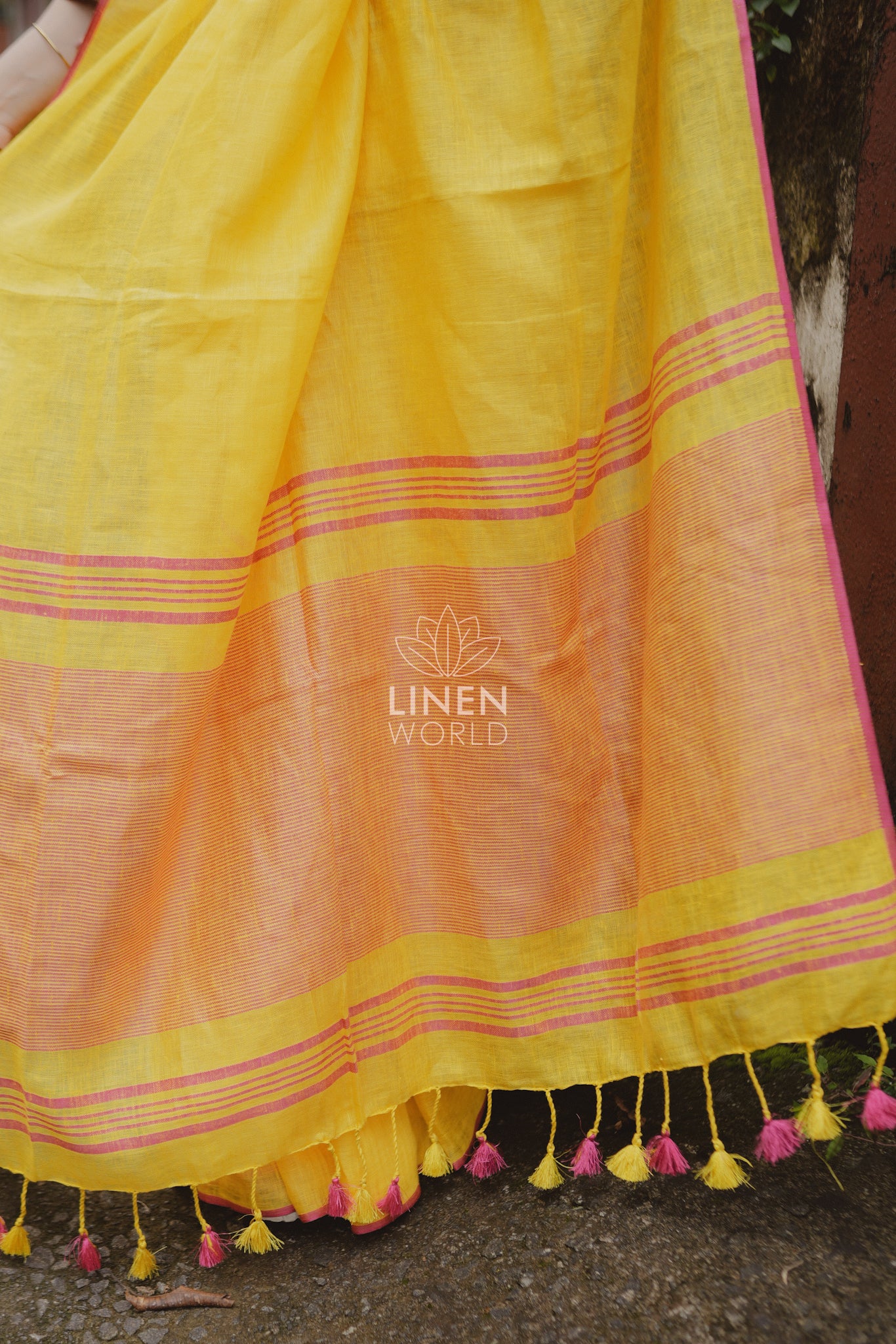 amala: yellow pure handwoven linen saree - linen world