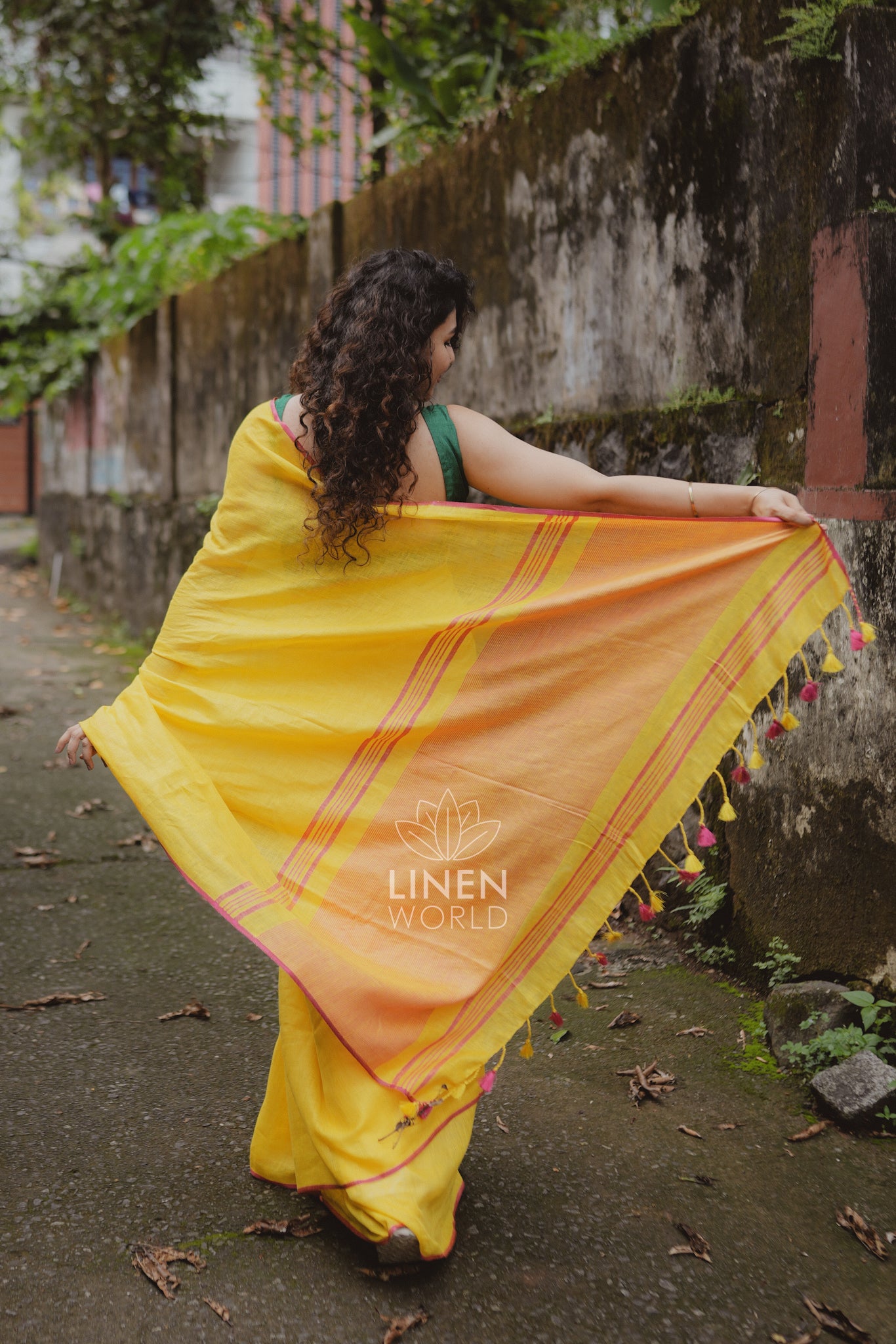 amala: yellow pure handwoven linen saree - linen world