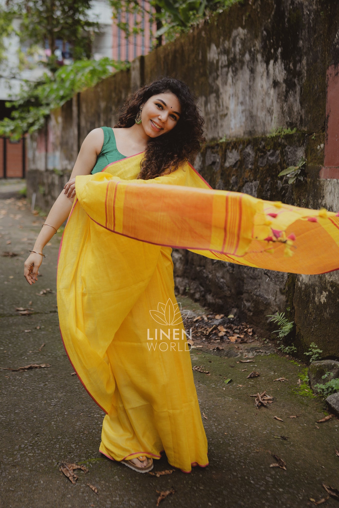 amala: yellow pure handwoven linen saree - linen world