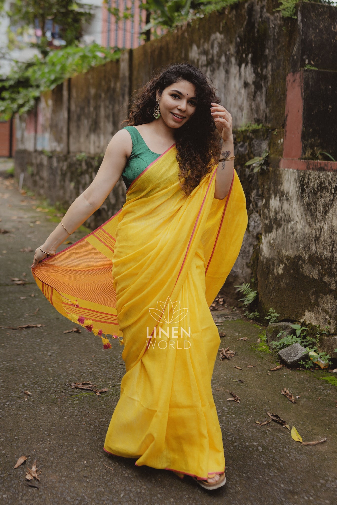amala: yellow pure handwoven linen saree - linen world