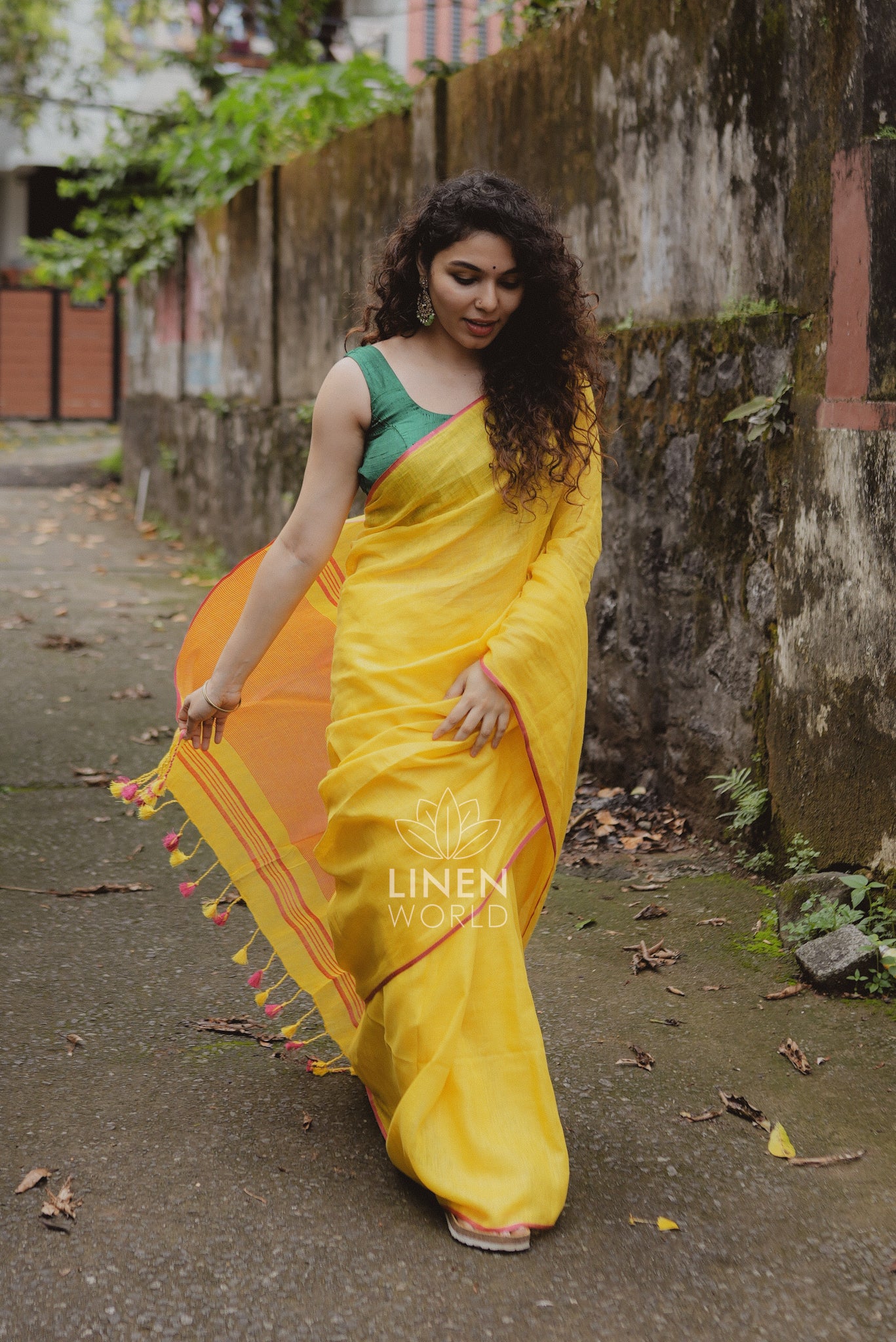 amala: yellow pure handwoven linen saree - linen world