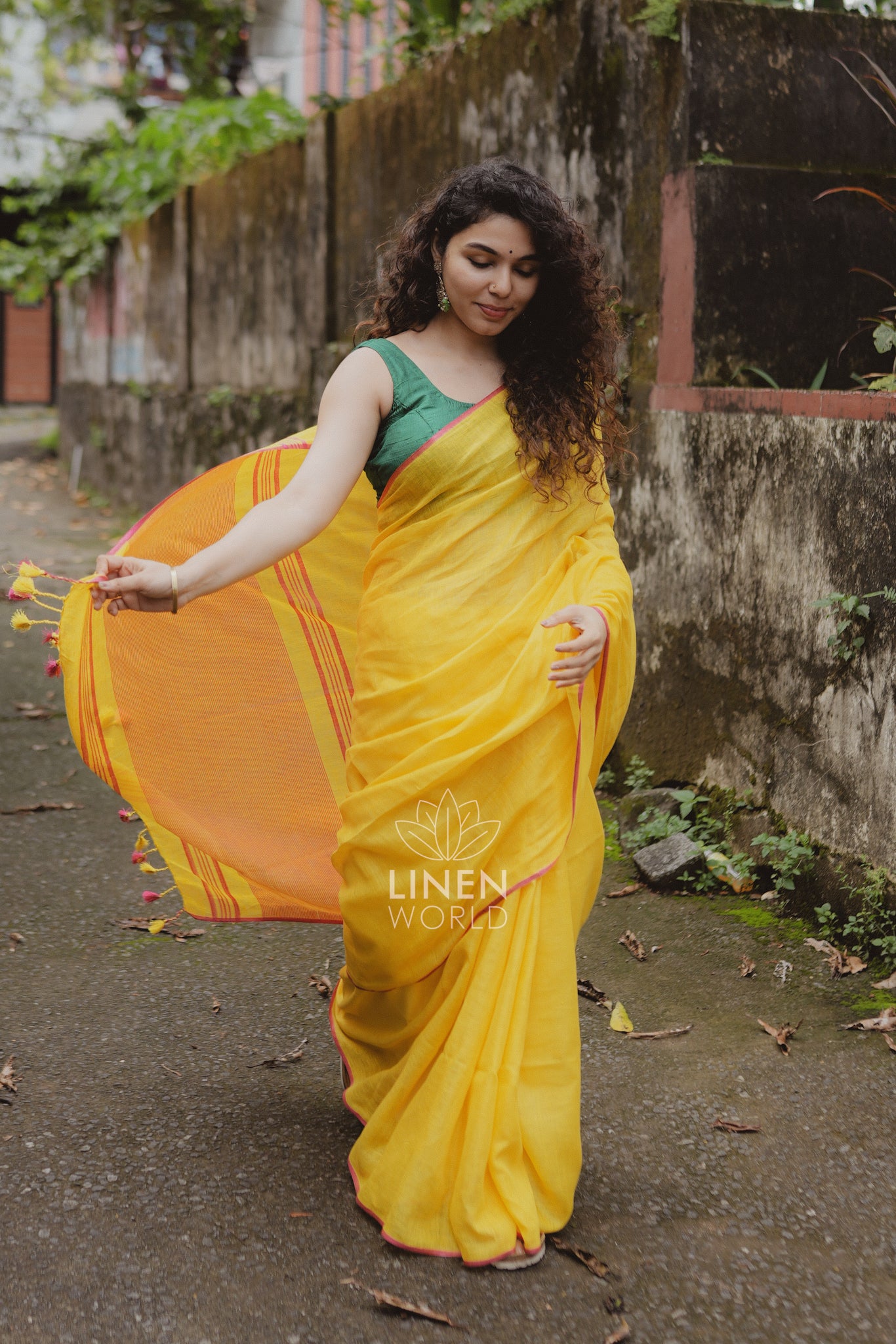 amala: yellow pure handwoven linen saree - linen world