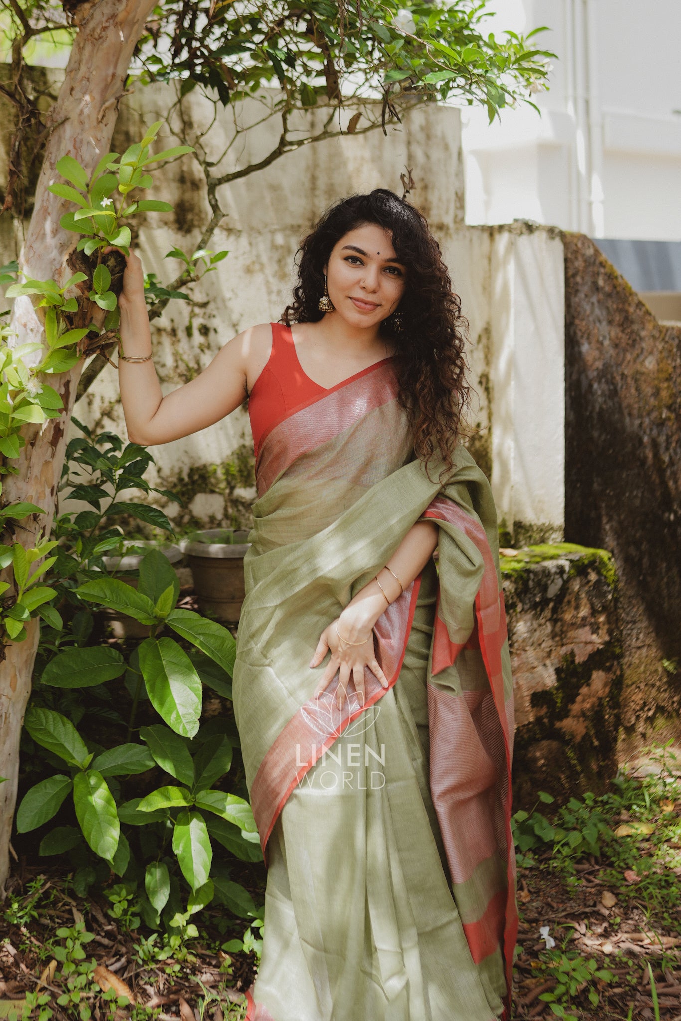 lailah: olive green pure handwoven linen saree - linen world