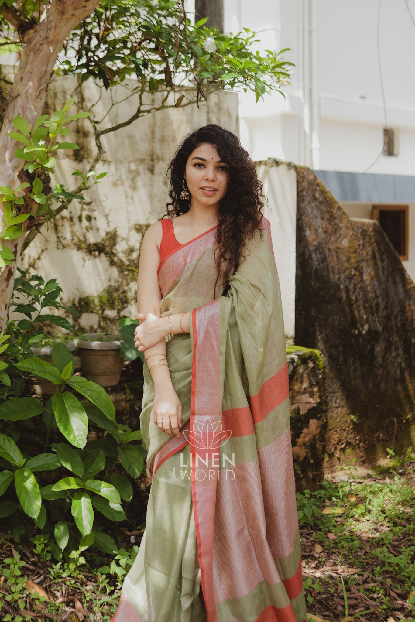 lailah: olive green pure handwoven linen saree - linen world