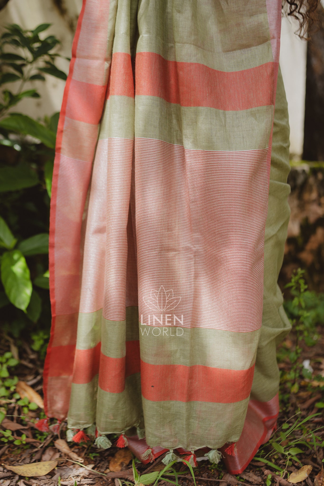 lailah: olive green pure handwoven linen saree - linen world