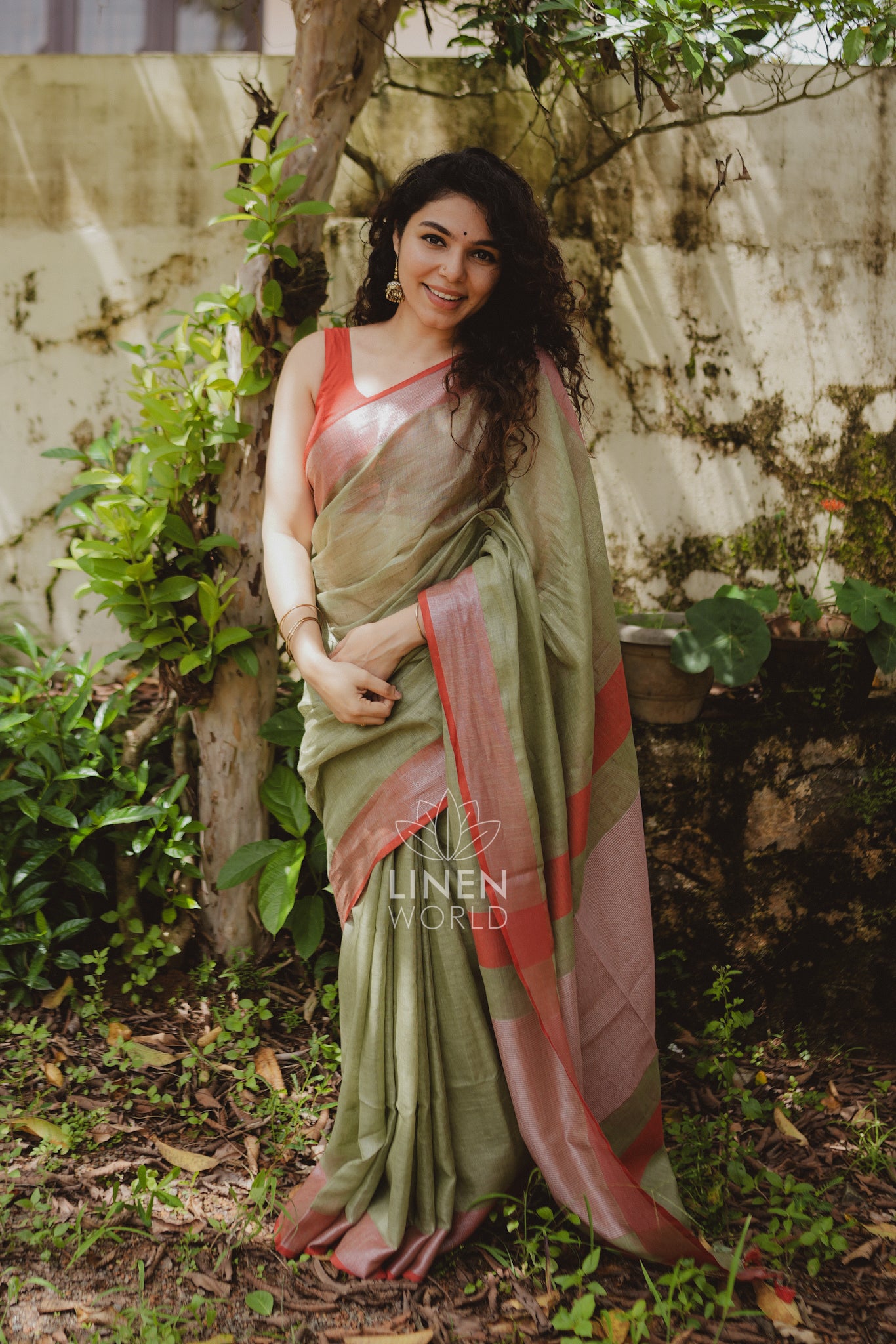 lailah: olive green pure handwoven linen saree - linen world