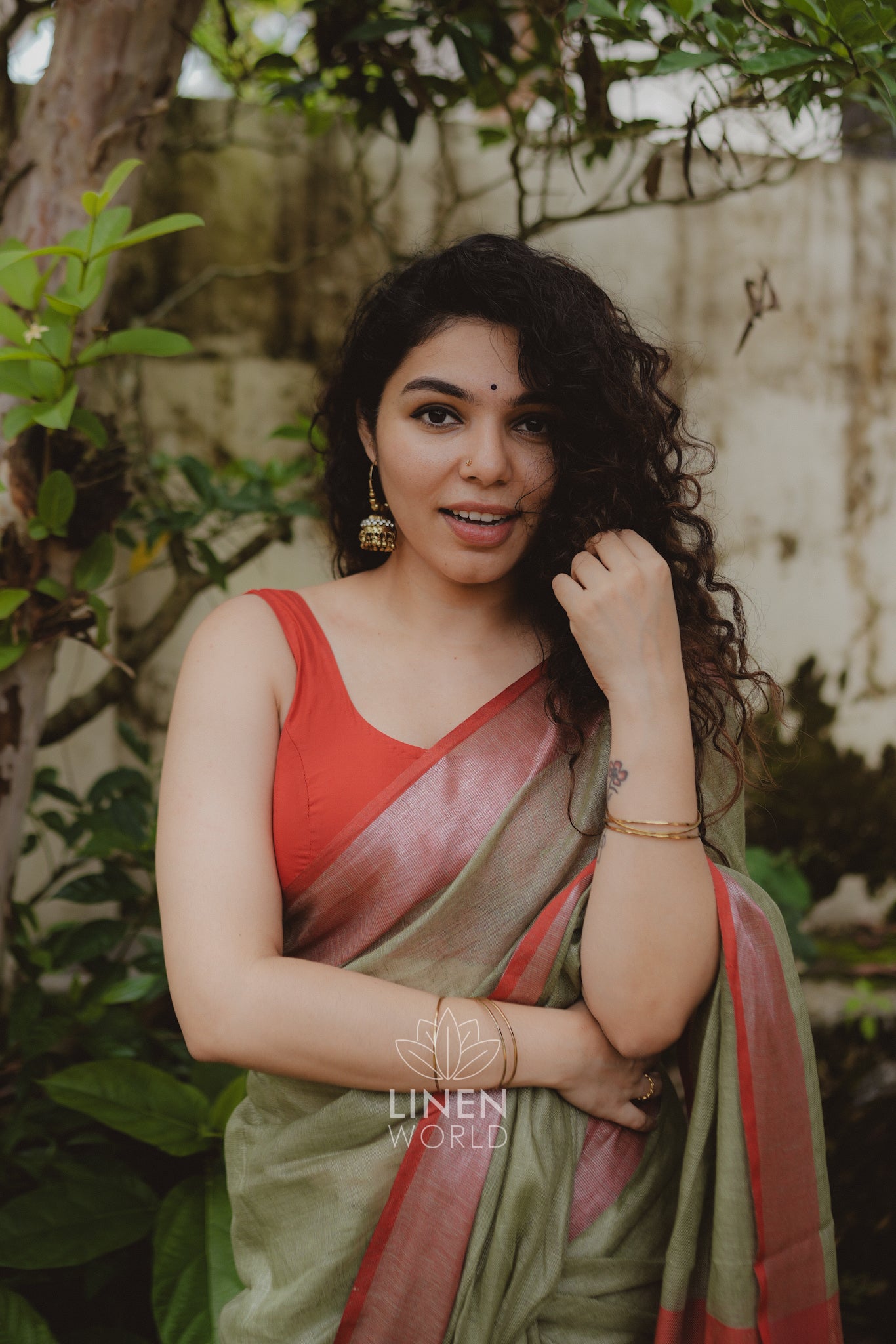 lailah: olive green pure handwoven linen saree - linen world
