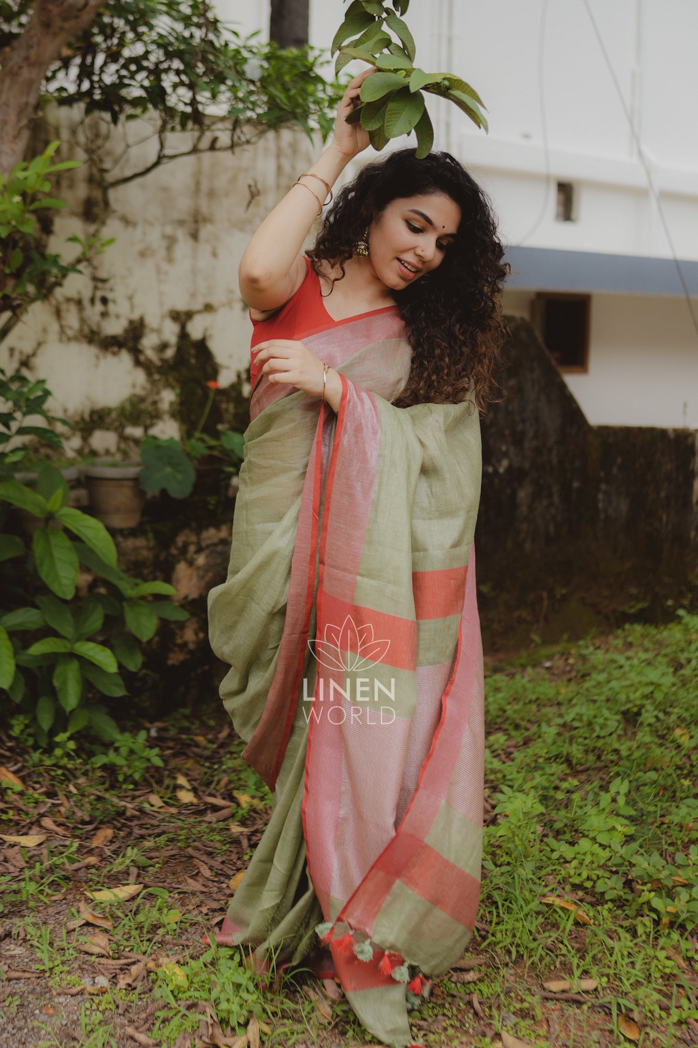 lailah: olive green pure handwoven linen saree - linen world
