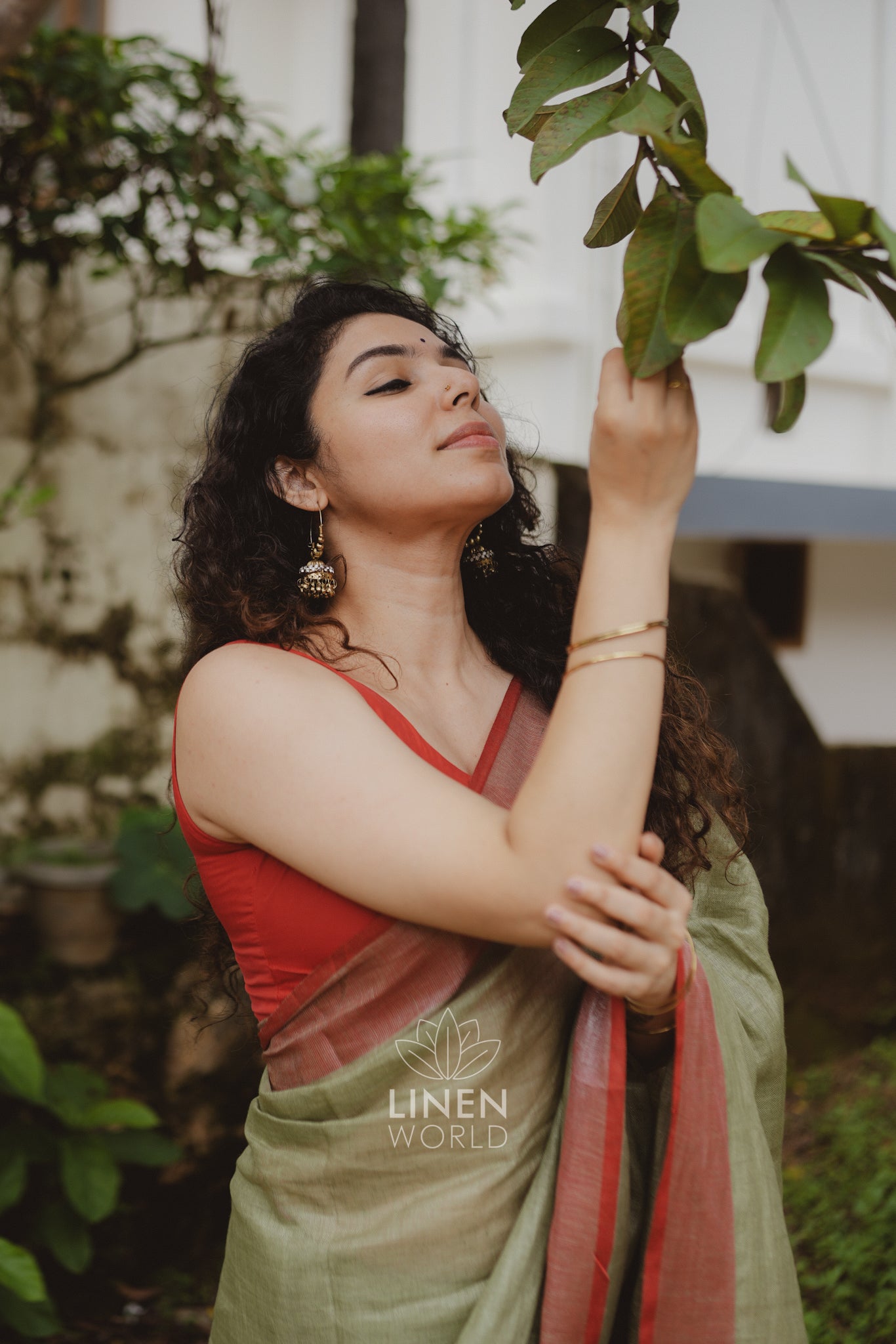 lailah: olive green pure handwoven linen saree - linen world
