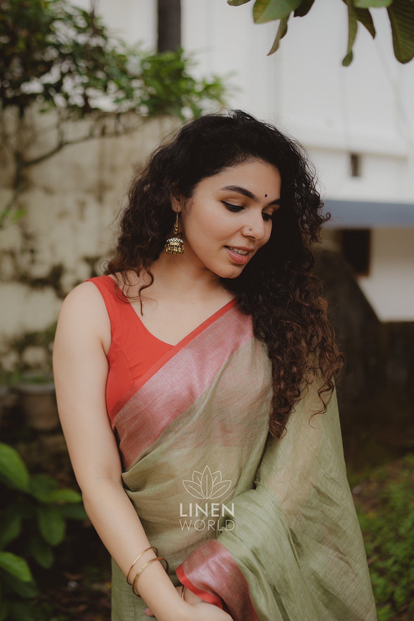 lailah: olive green pure handwoven linen saree - linen world