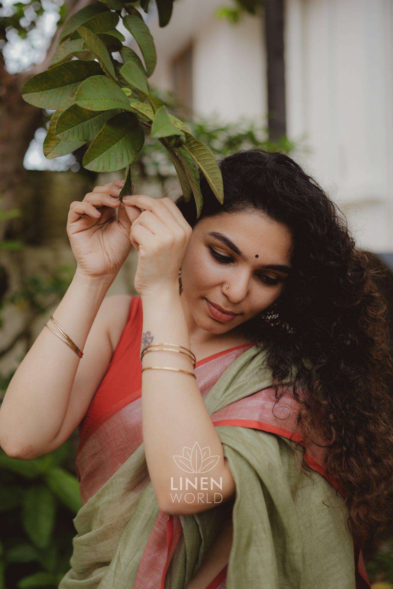 lailah: olive green pure handwoven linen saree - linen world