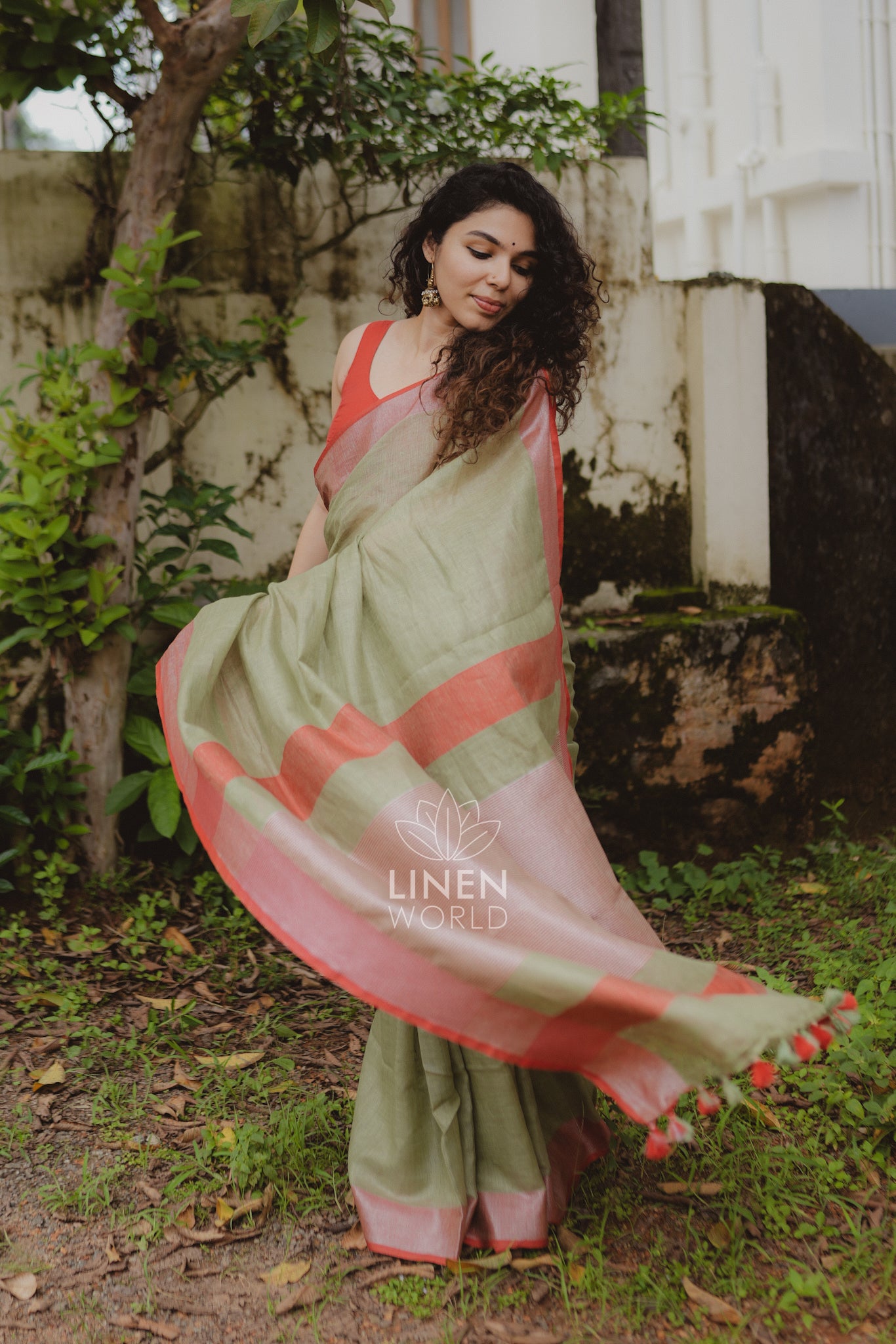 lailah: olive green pure handwoven linen saree - linen world