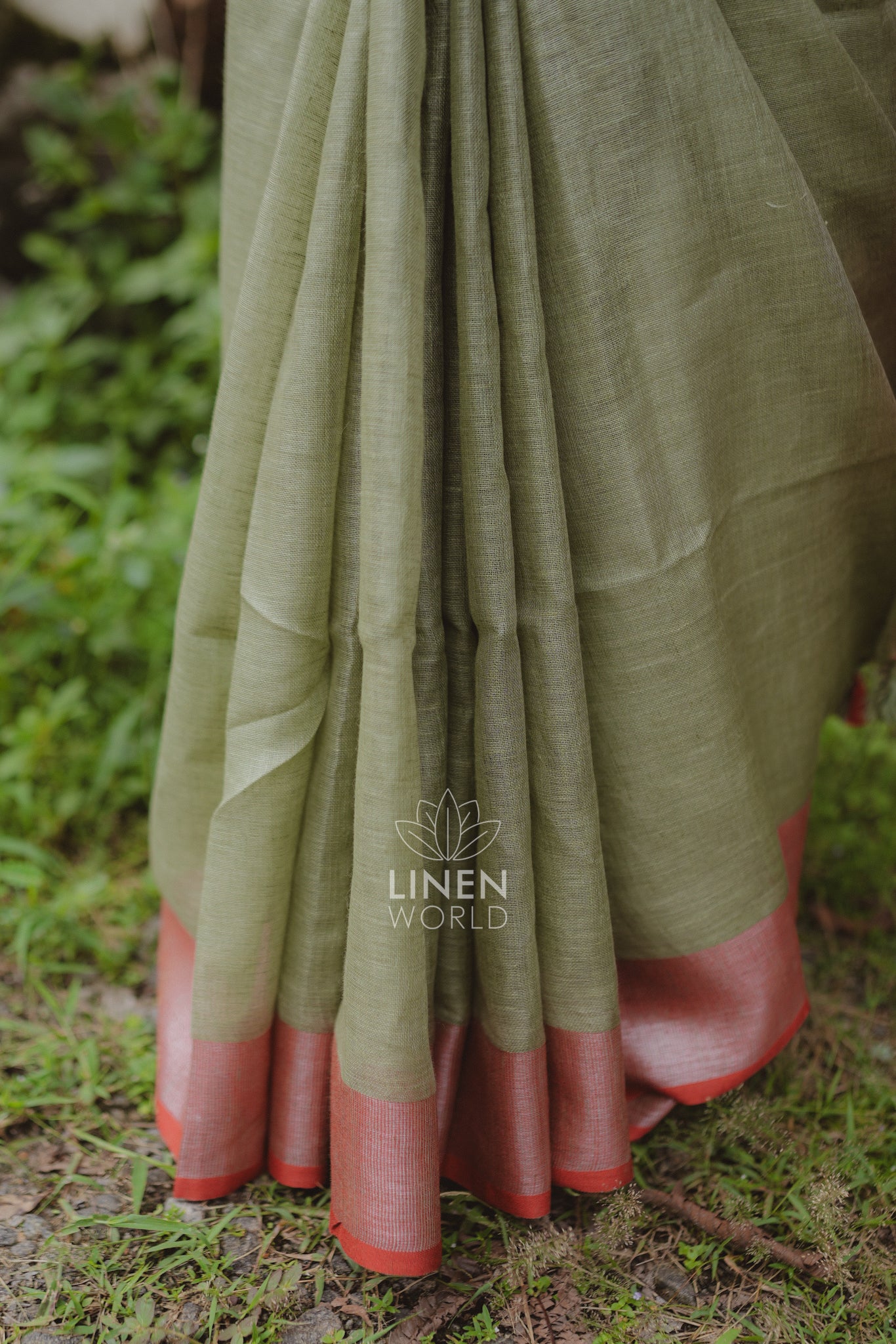 lailah: olive green pure handwoven linen saree - linen world