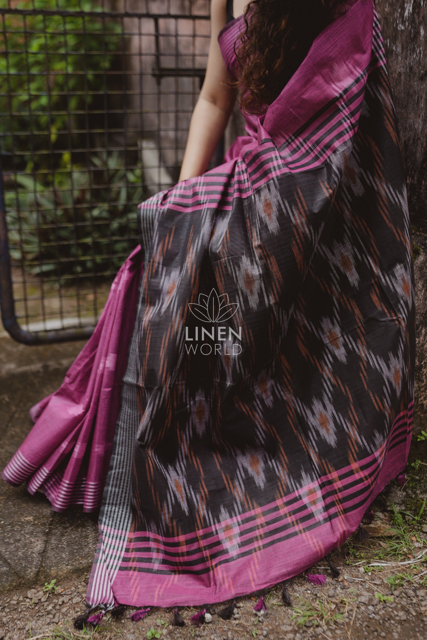 aadhya: pink and black cotton ikat saree - linen world