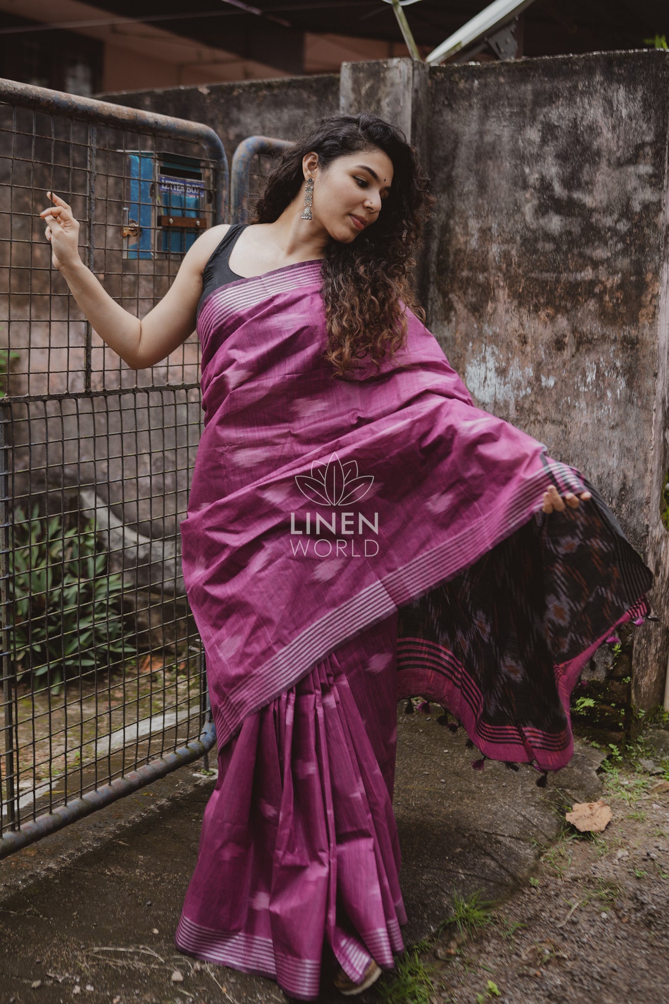 aadhya: pink and black cotton ikat saree - linen world