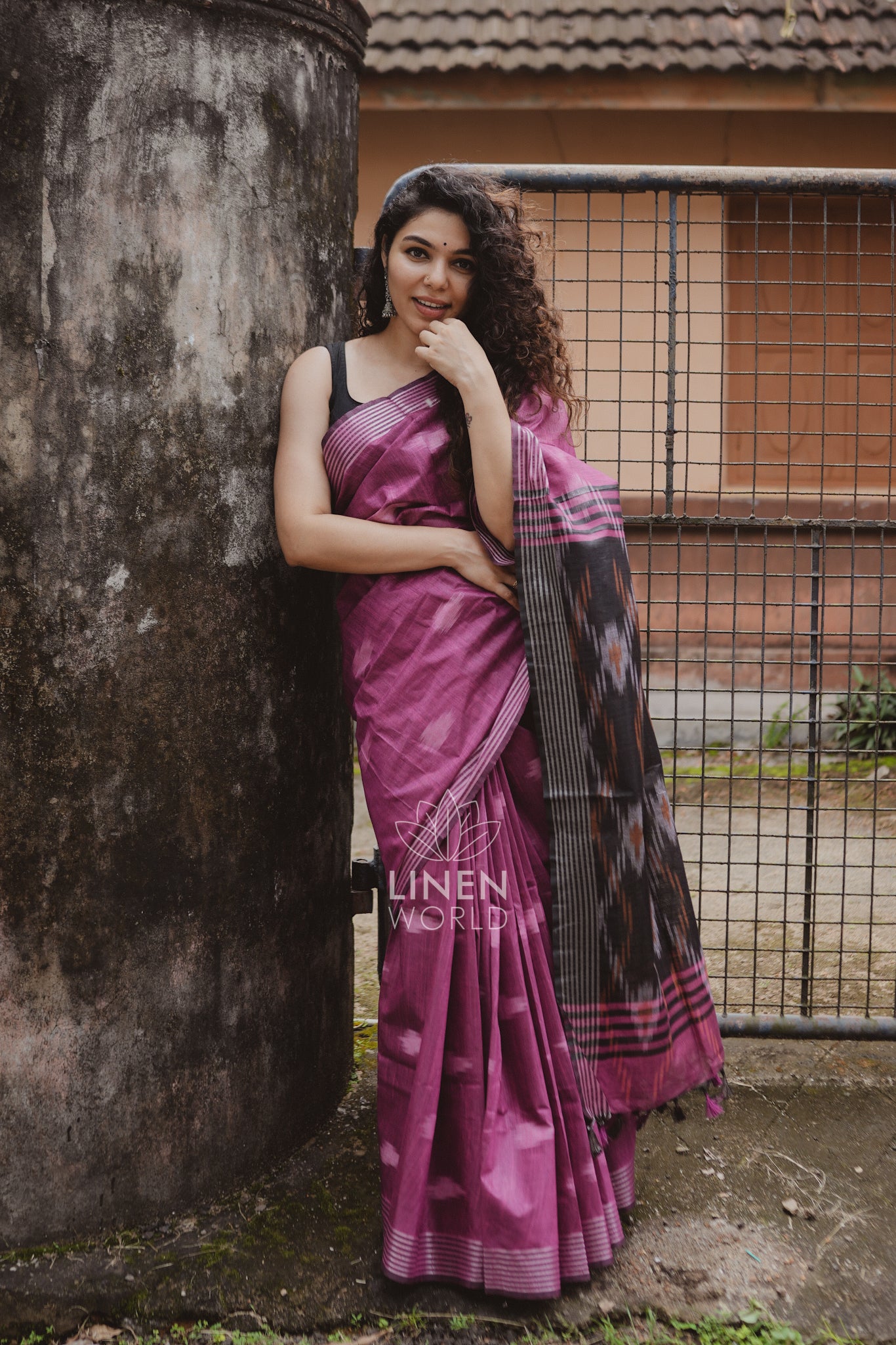 aadhya: pink and black cotton ikat saree - linen world