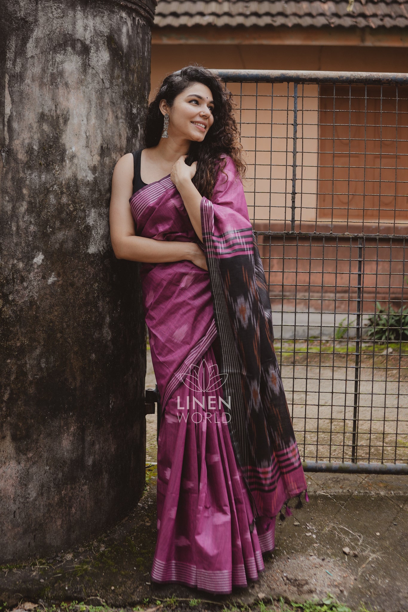 aadhya: pink and black cotton ikat saree - linen world