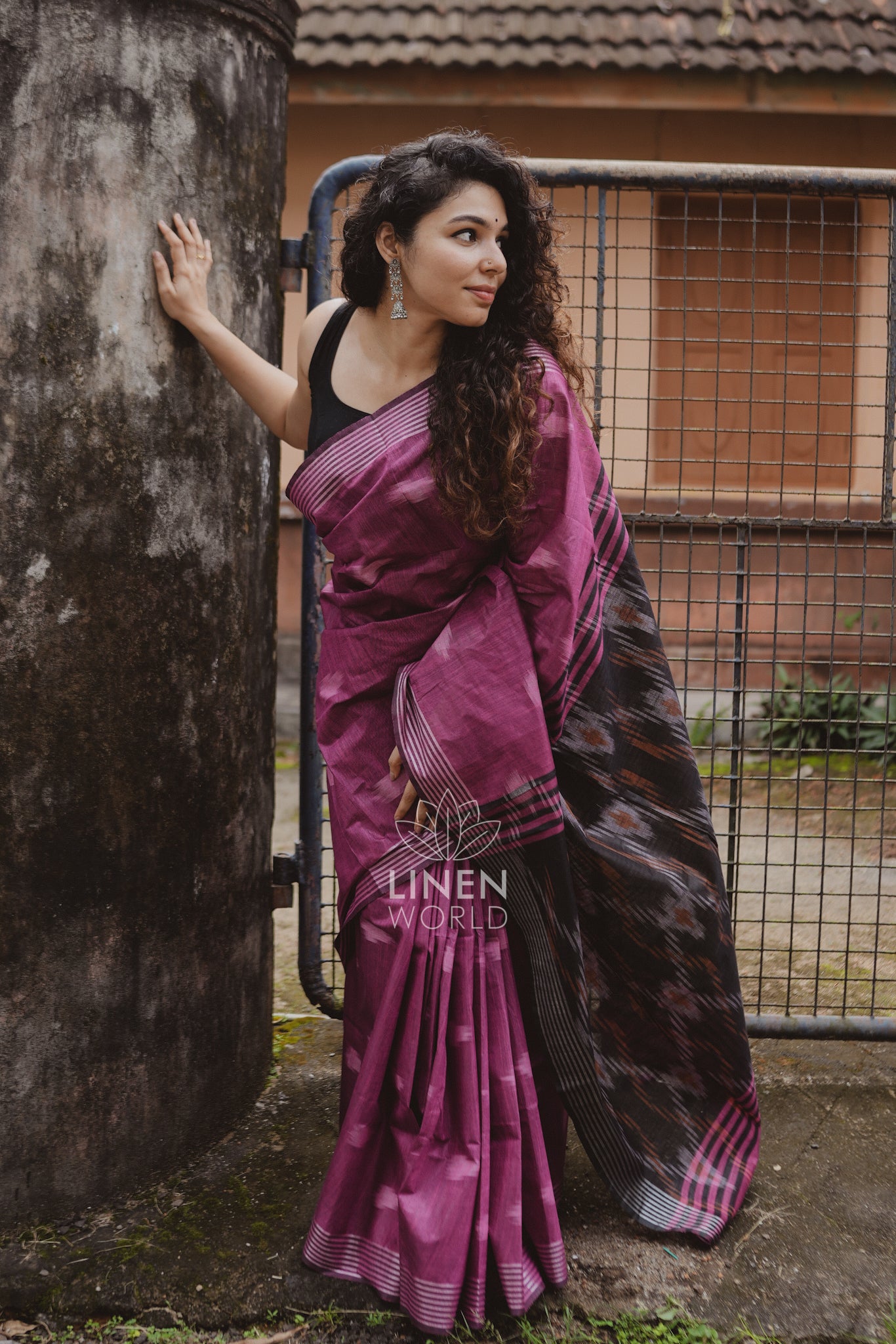 aadhya: pink and black cotton ikat saree - linen world