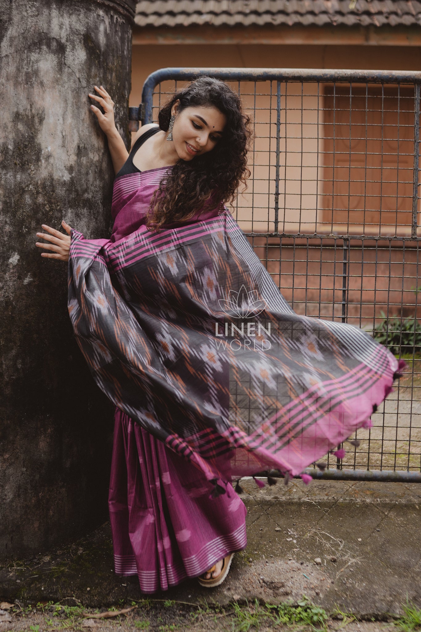aadhya: pink and black cotton ikat saree - linen world