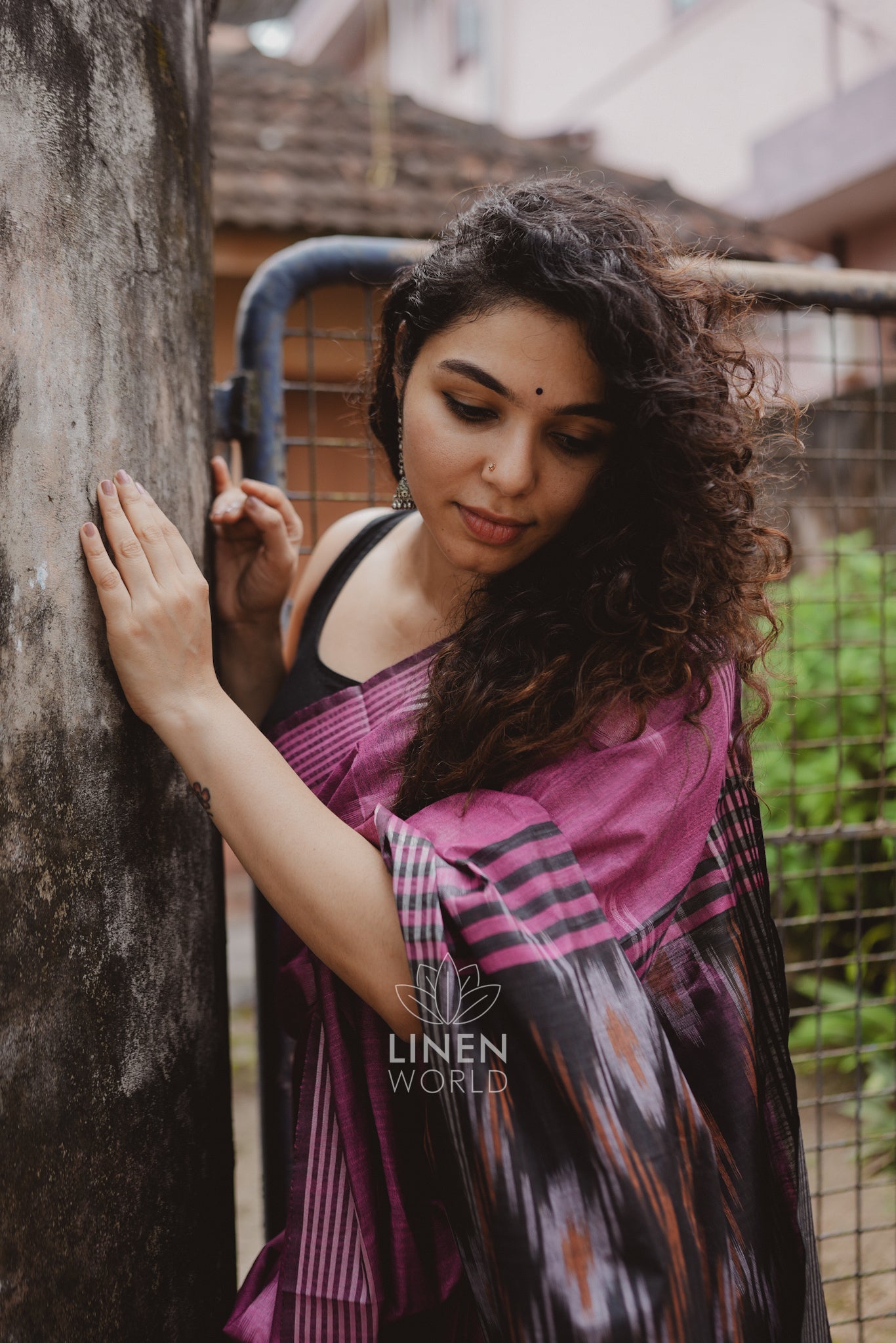 aadhya: pink and black cotton ikat saree - linen world