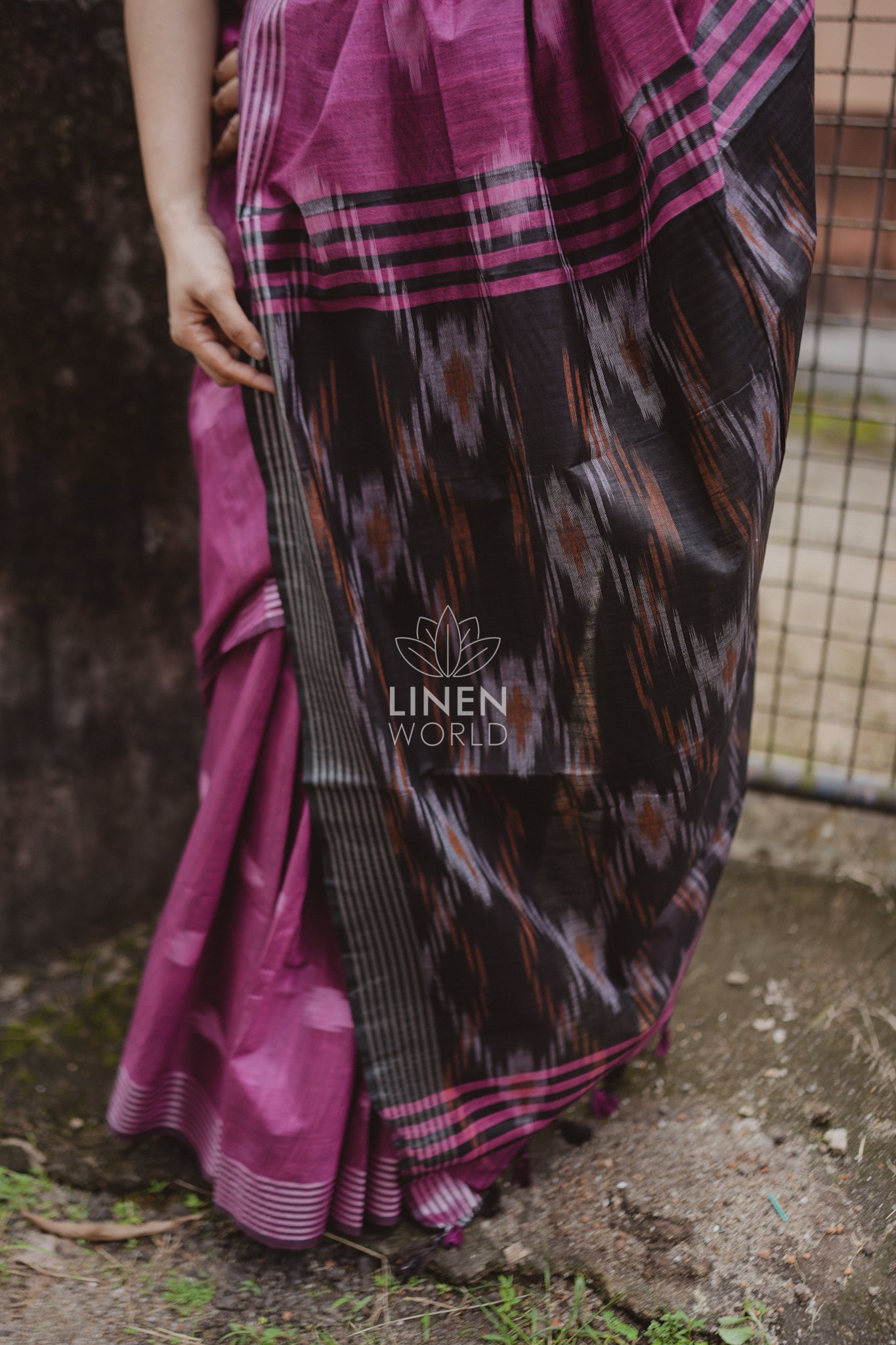 aadhya: pink and black cotton ikat saree - linen world