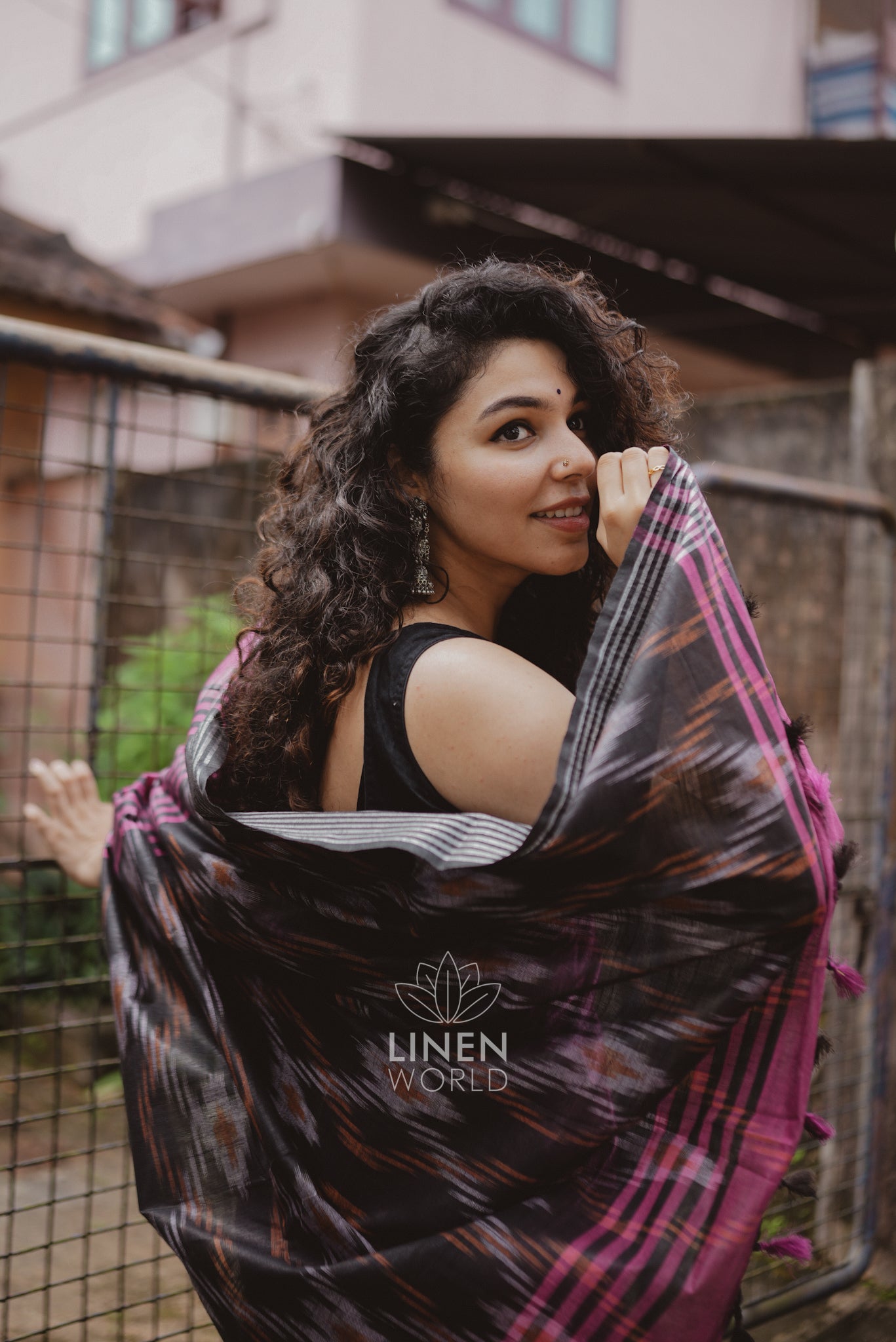 aadhya: pink and black cotton ikat saree - linen world
