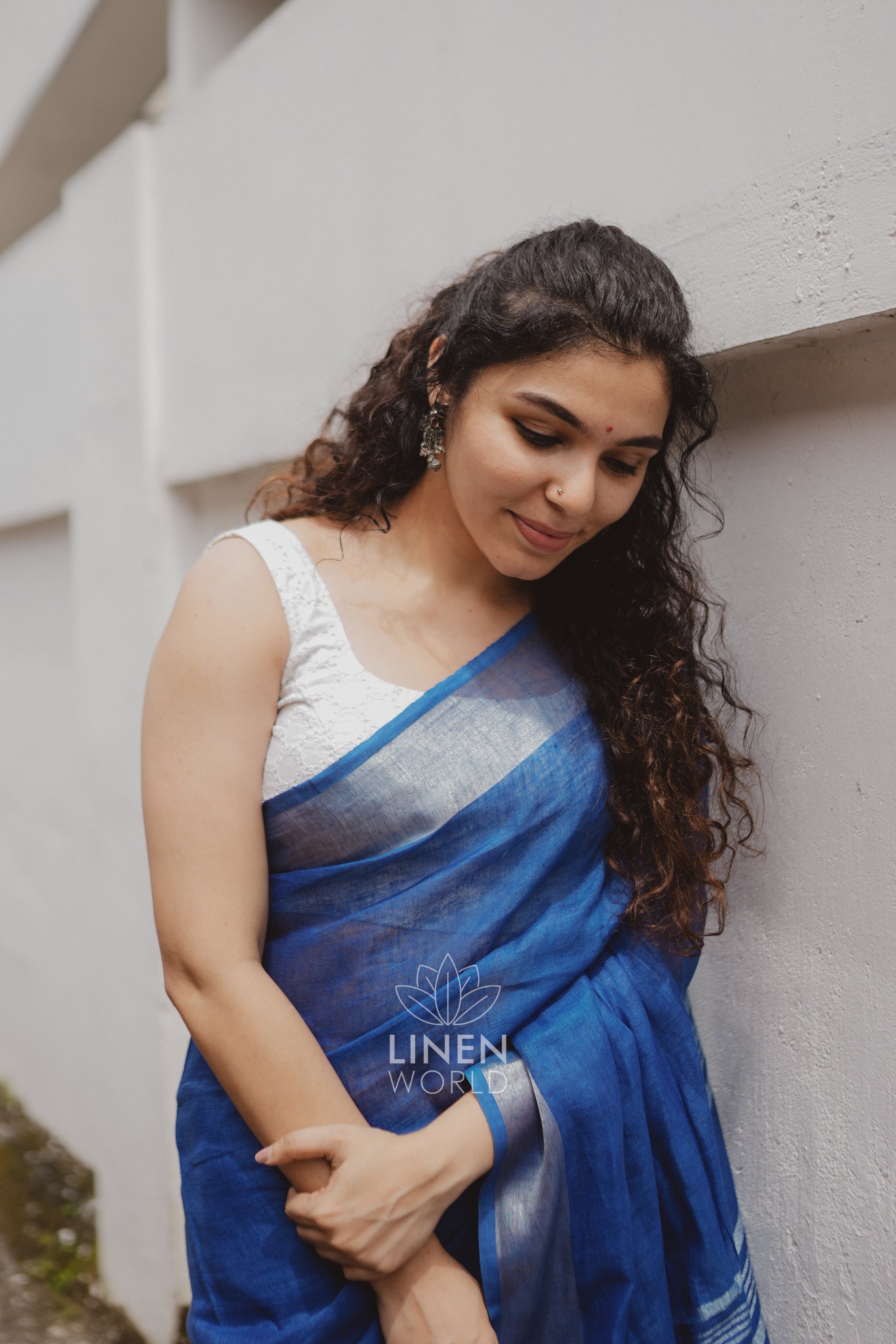 dhairya: royal blue pure handwoven linen saree - linen world