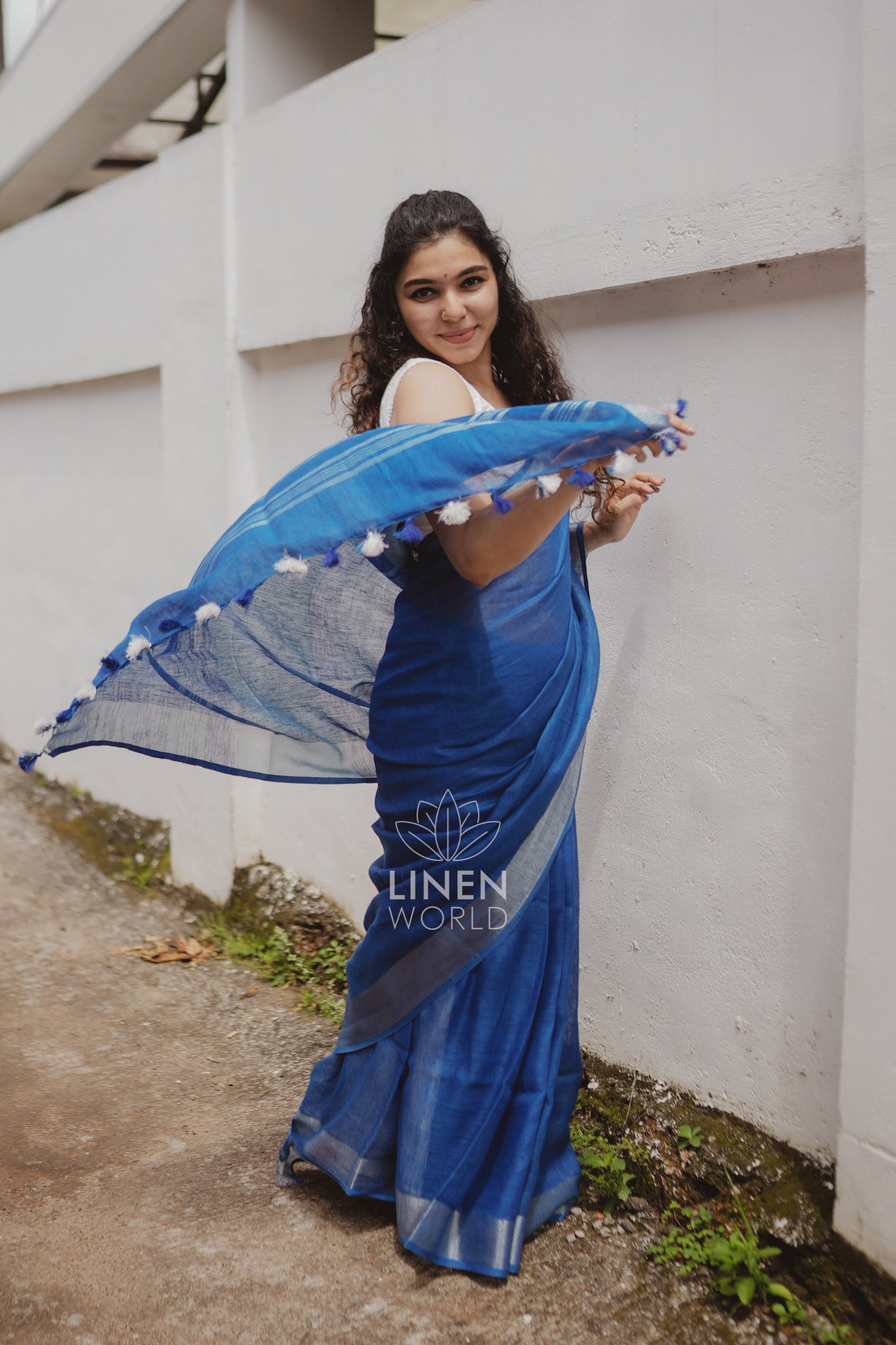 dhairya: royal blue pure handwoven linen saree - linen world