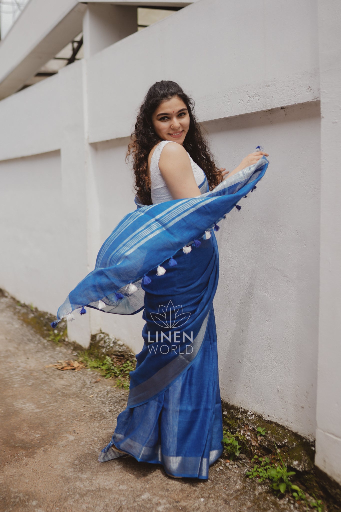 dhairya: royal blue pure handwoven linen saree - linen world