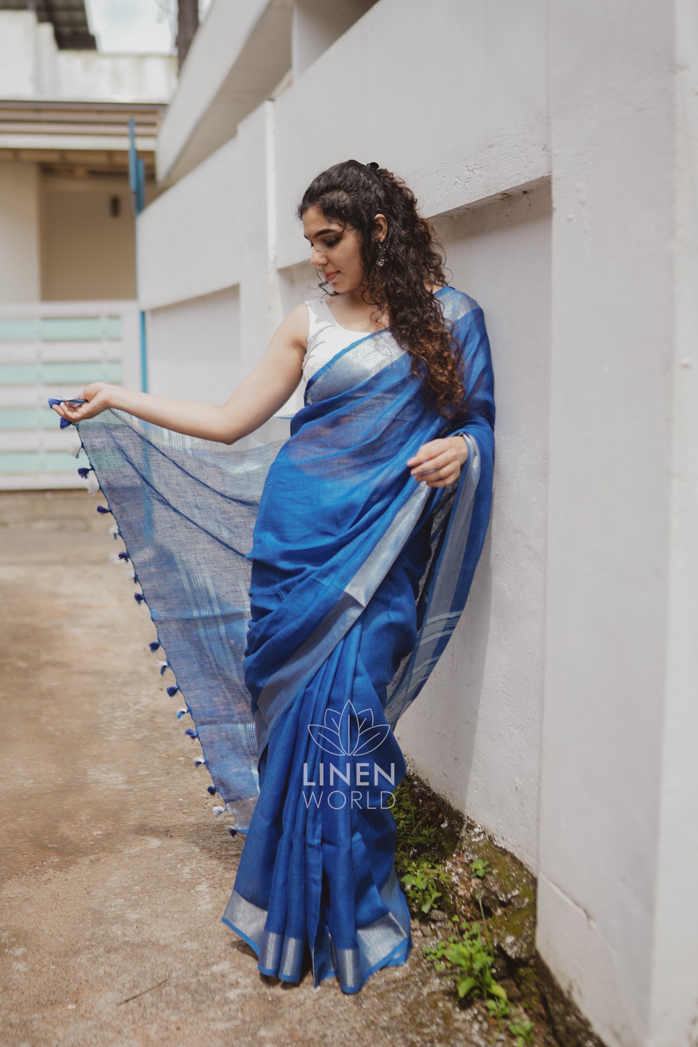 dhairya: royal blue pure handwoven linen saree - linen world
