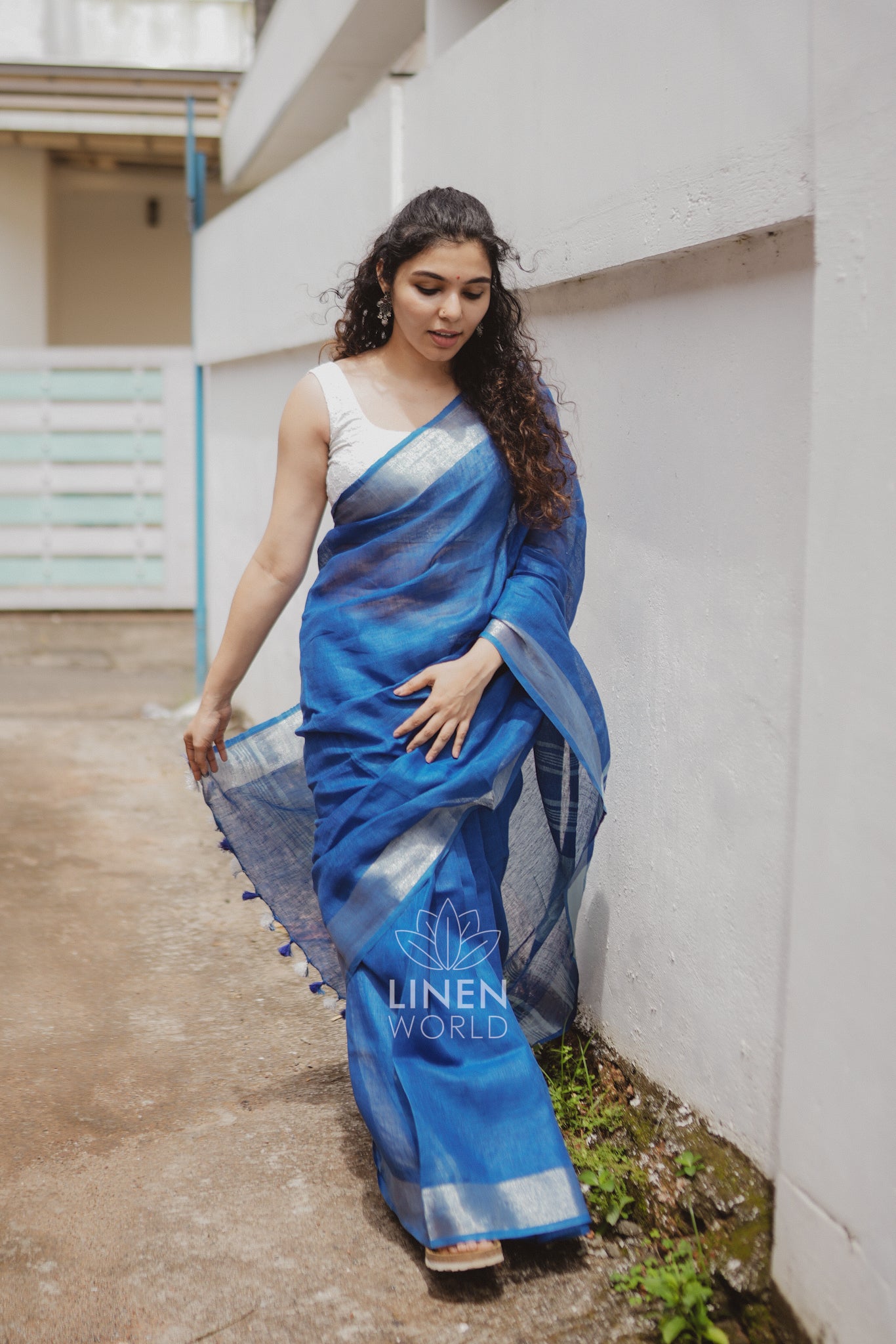 dhairya: royal blue pure handwoven linen saree - linen world