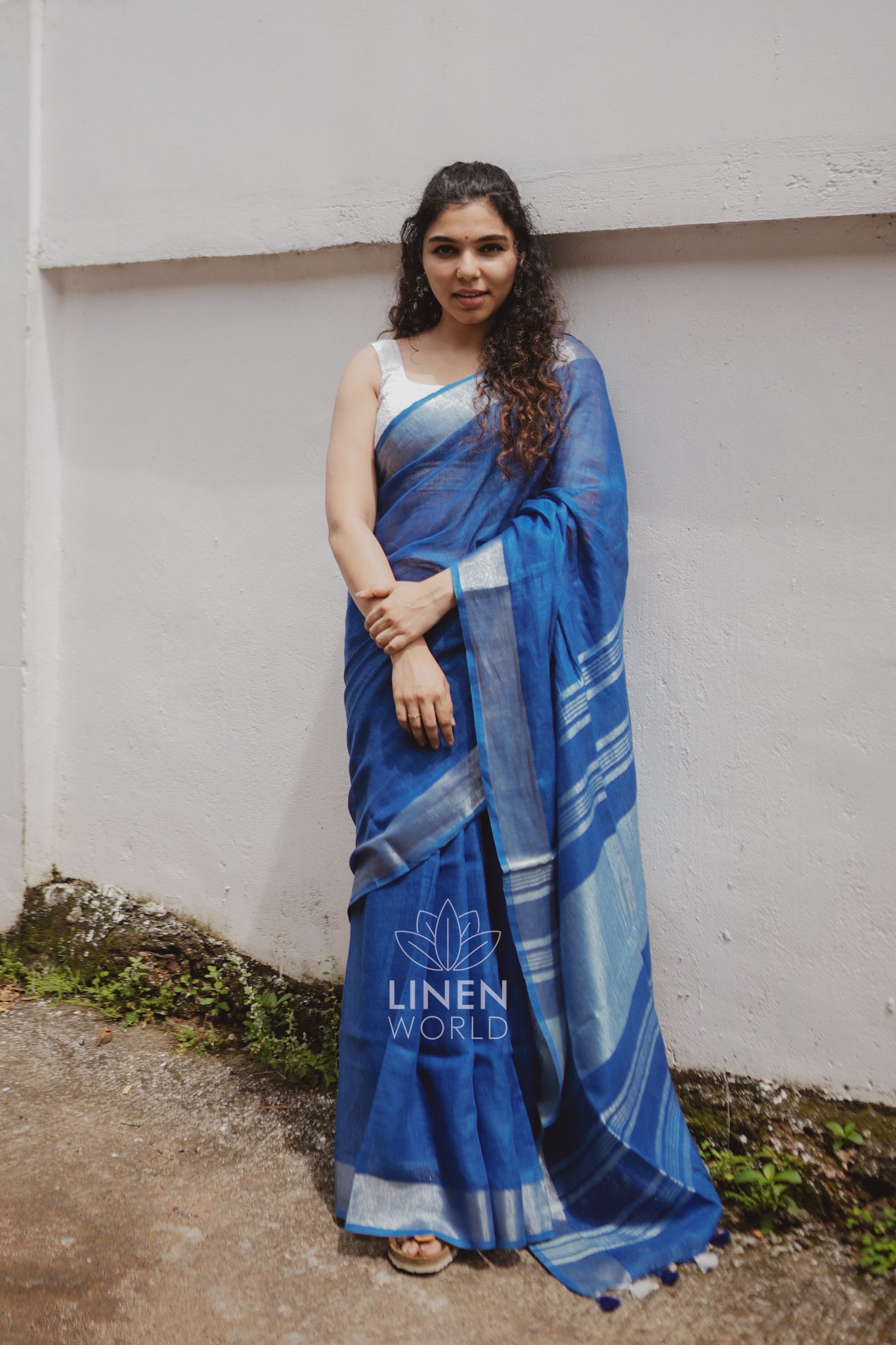 dhairya: royal blue pure handwoven linen saree - linen world