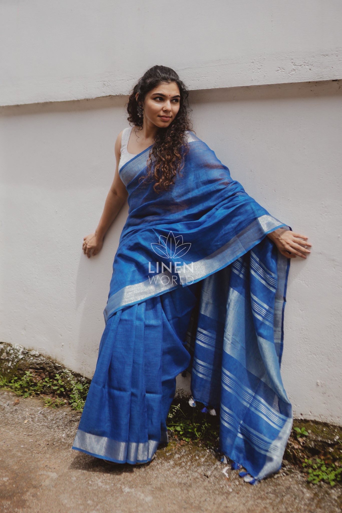 dhairya: royal blue pure handwoven linen saree - linen world