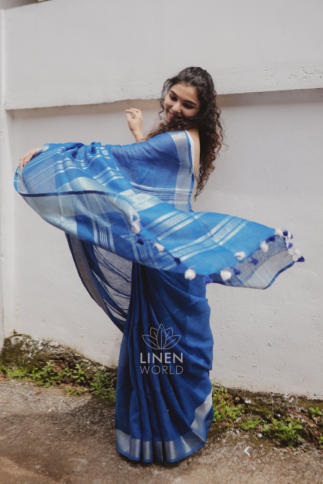 dhairya: royal blue pure handwoven linen saree - linen world