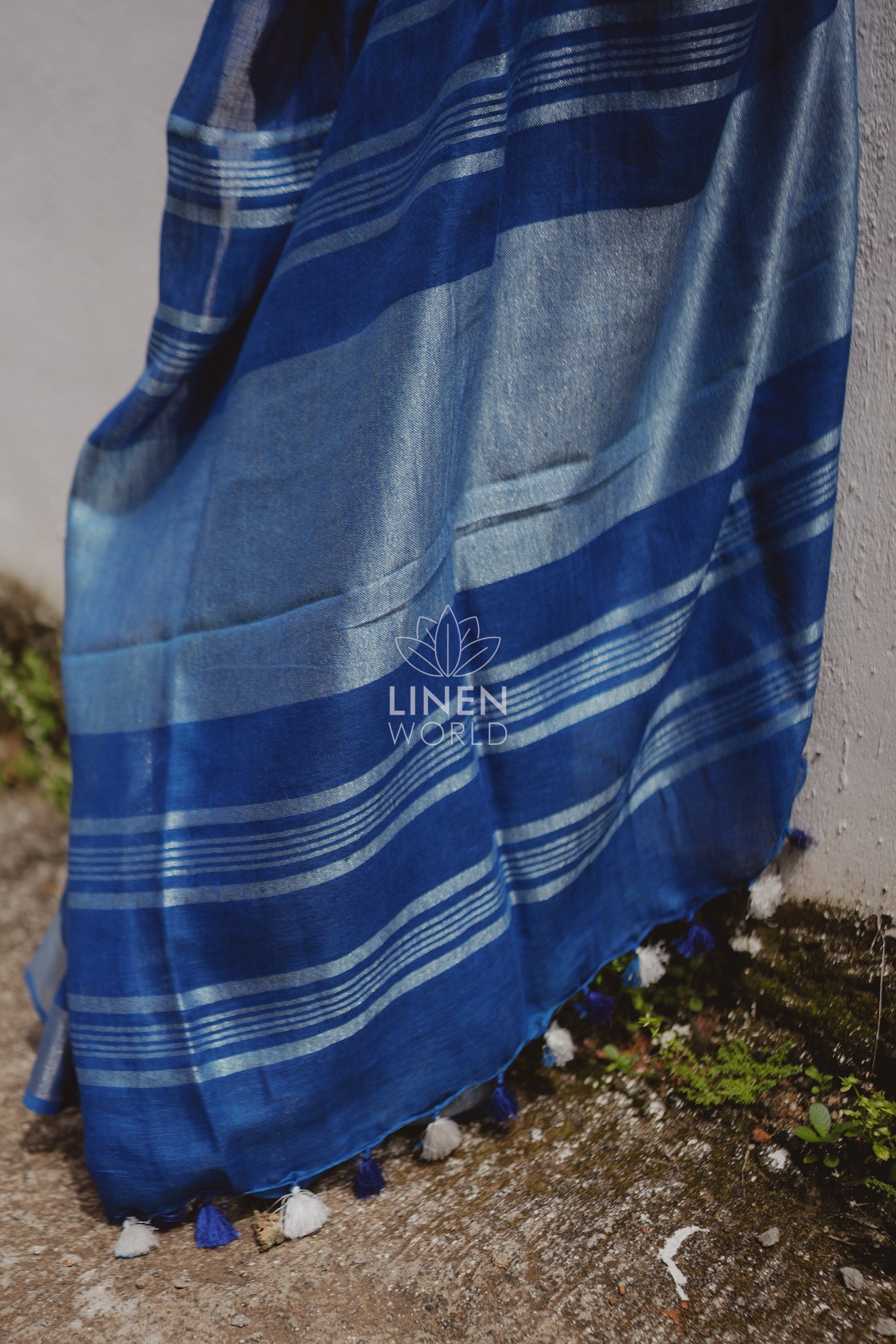 dhairya: royal blue pure handwoven linen saree - linen world