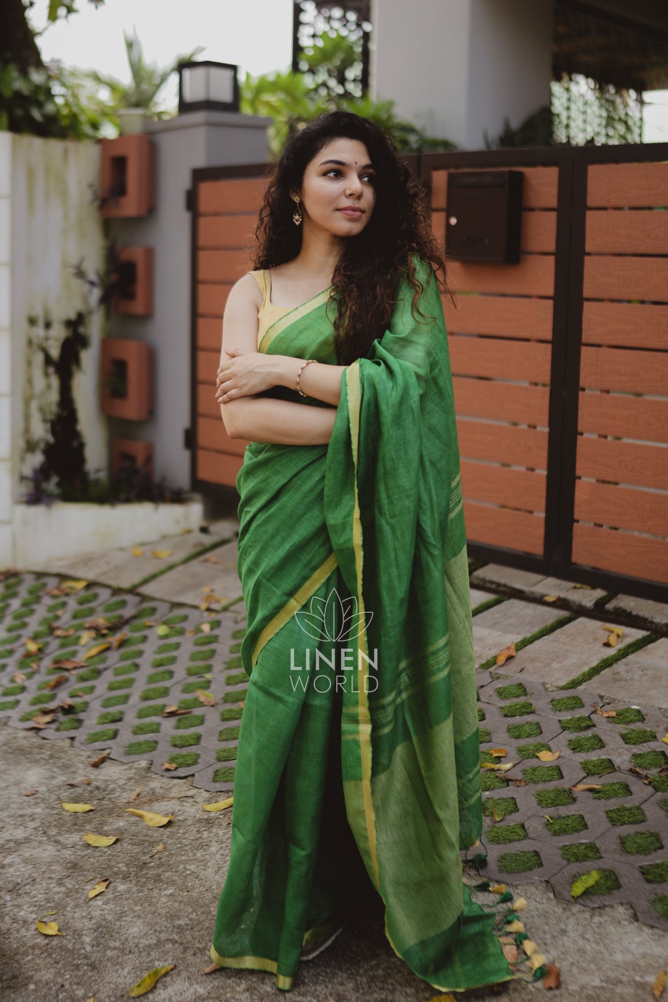 tanishka: green gold zari pure handwoven linen saree - linen world