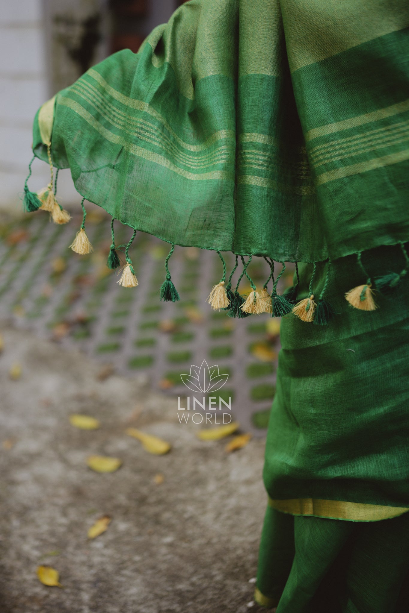 tanishka: green gold zari pure handwoven linen saree - linen world