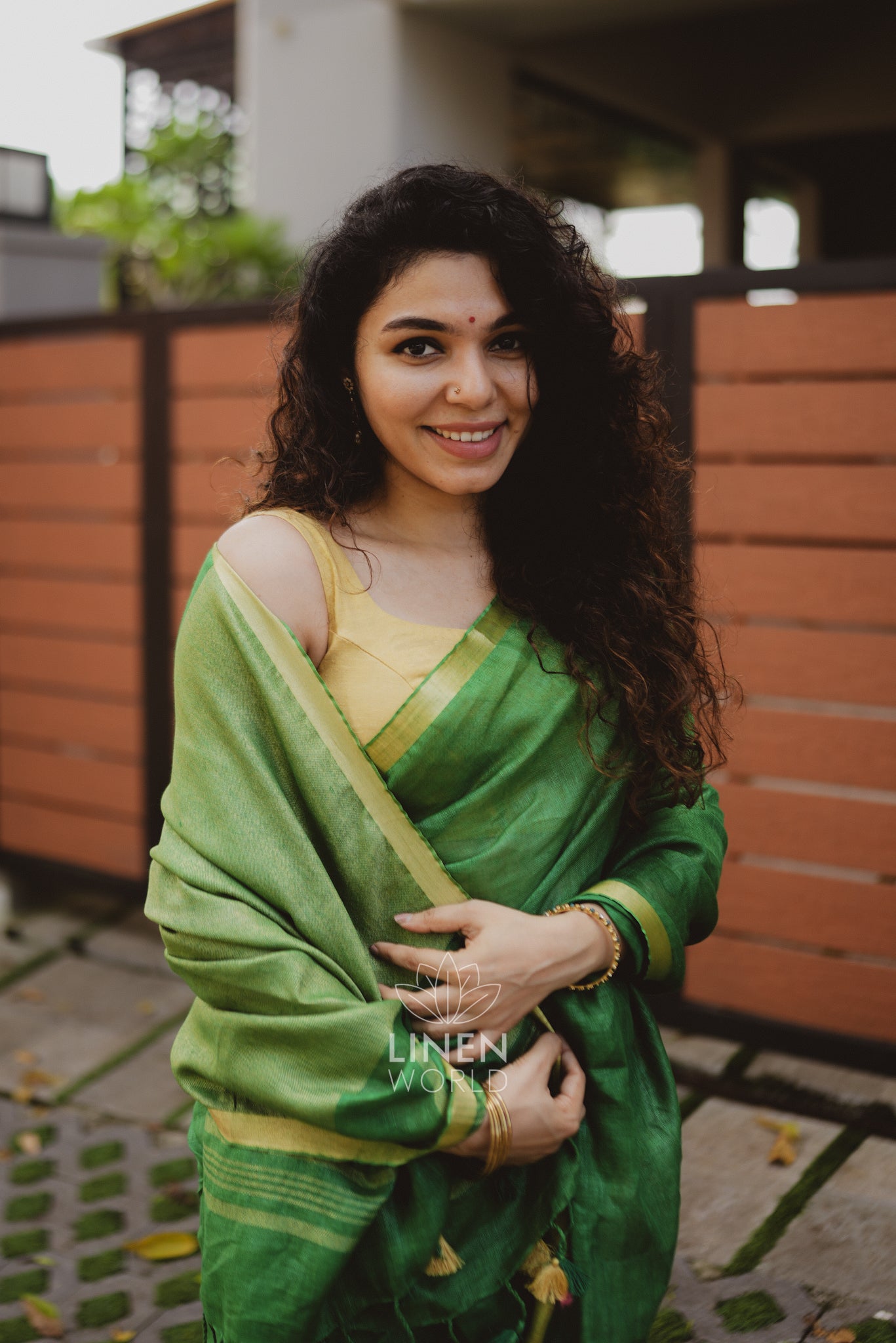 tanishka: green gold zari pure handwoven linen saree - linen world