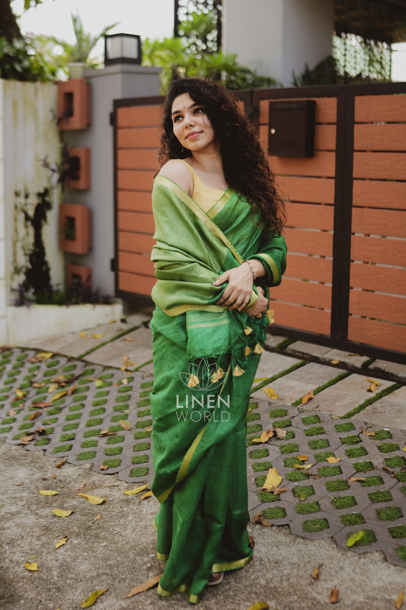 tanishka: green gold zari pure handwoven linen saree - linen world
