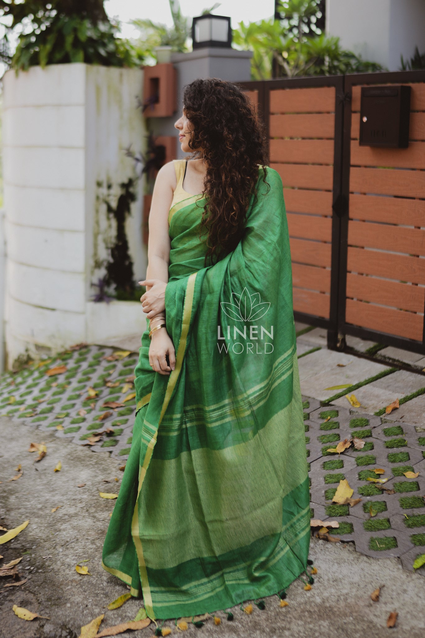 tanishka: green gold zari pure handwoven linen saree - linen world