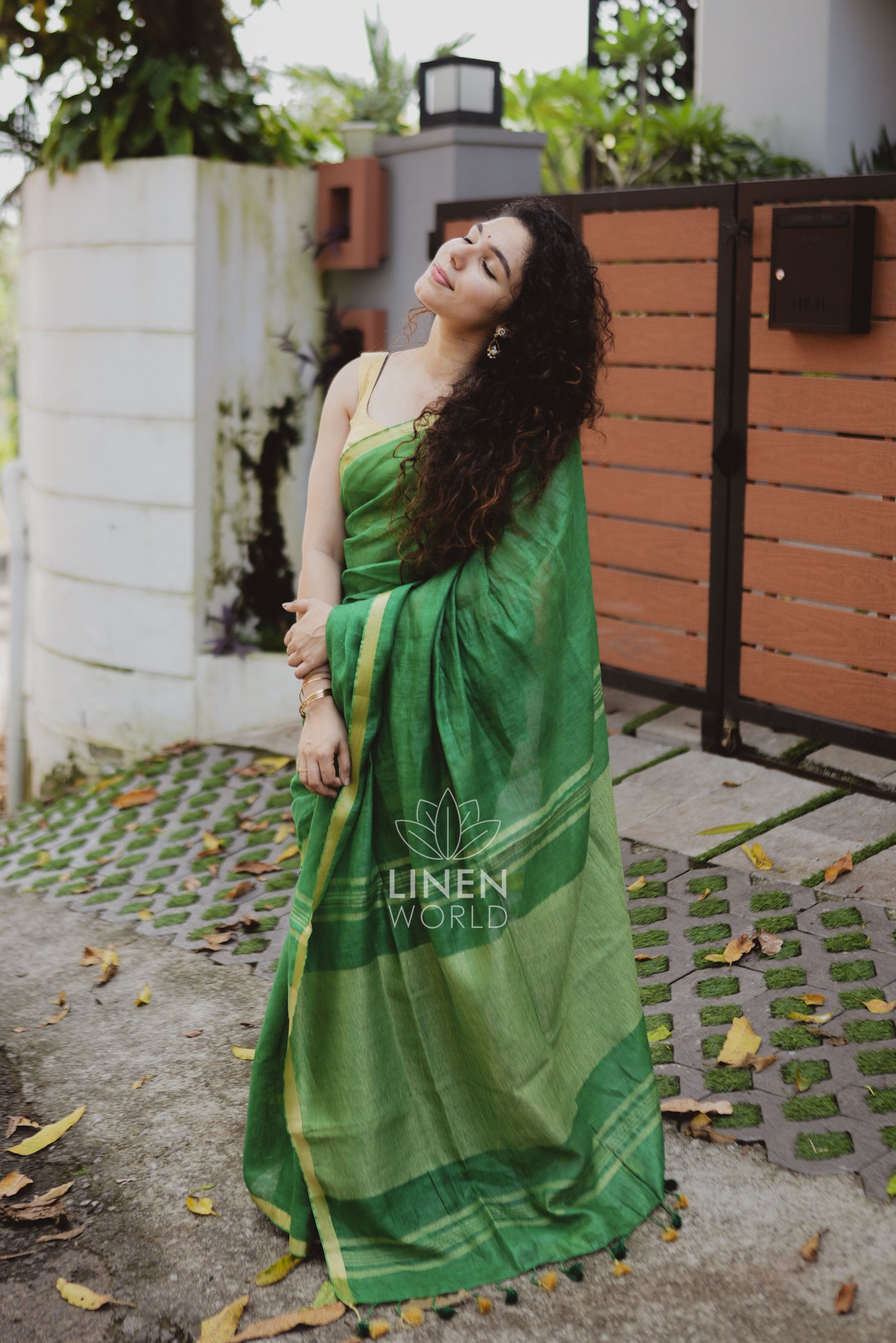 tanishka: green gold zari pure handwoven linen saree - linen world