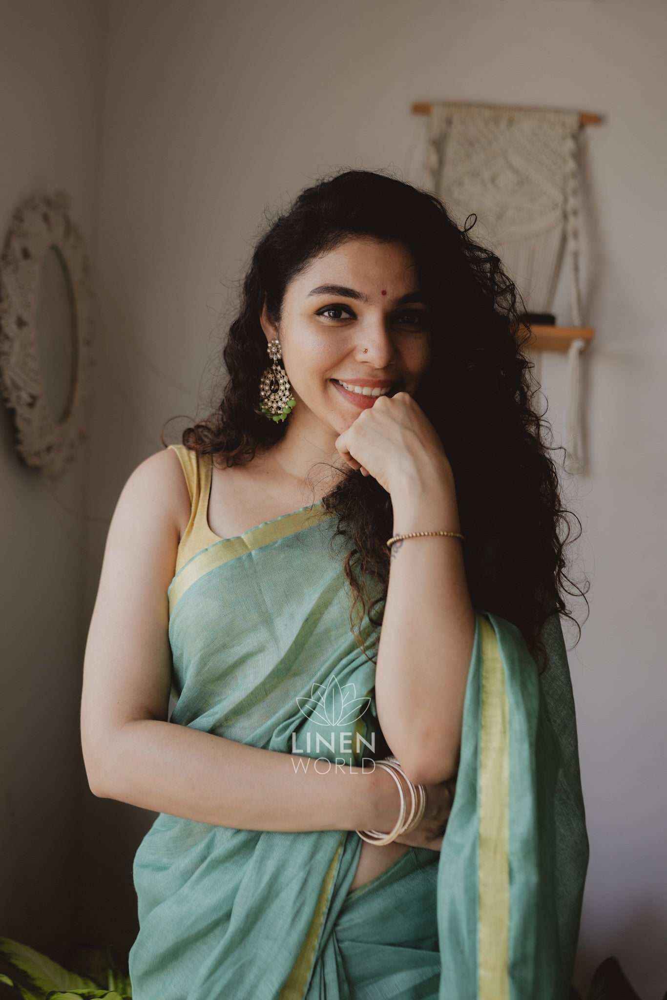 tanishka: pista green gold zari pure handwoven linen saree - linen world