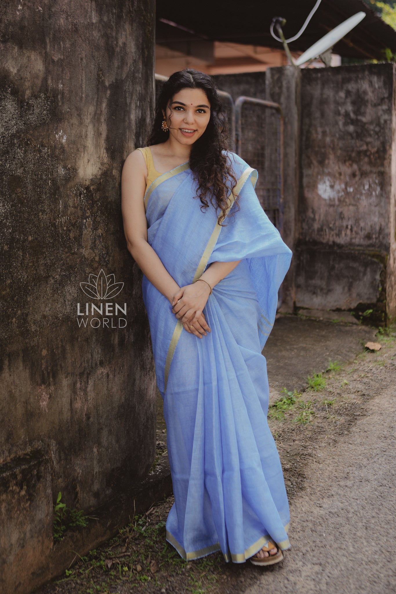 tanishka: blue gold zari pure handwoven linen saree - linen world