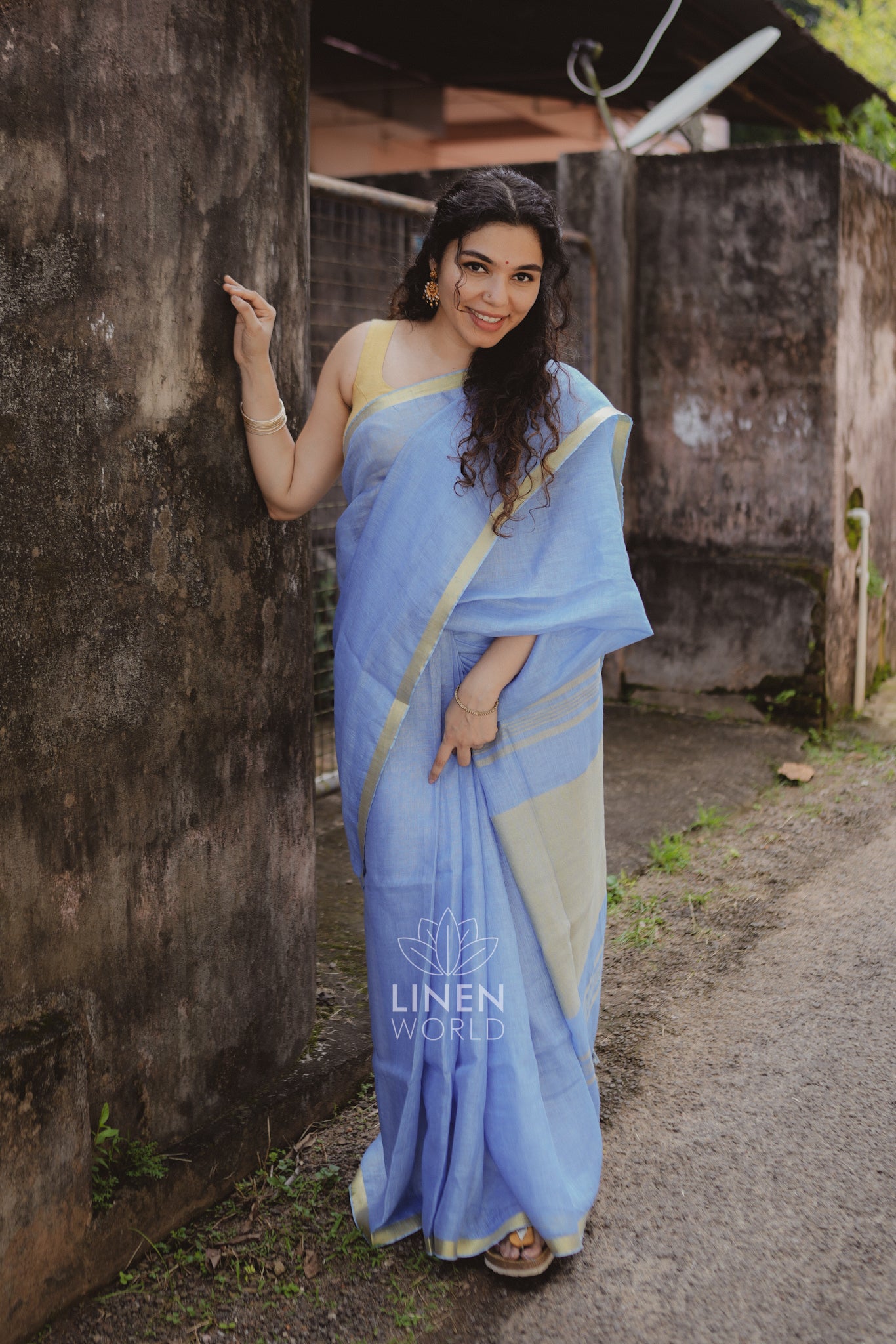 tanishka: blue gold zari pure handwoven linen saree - linen world