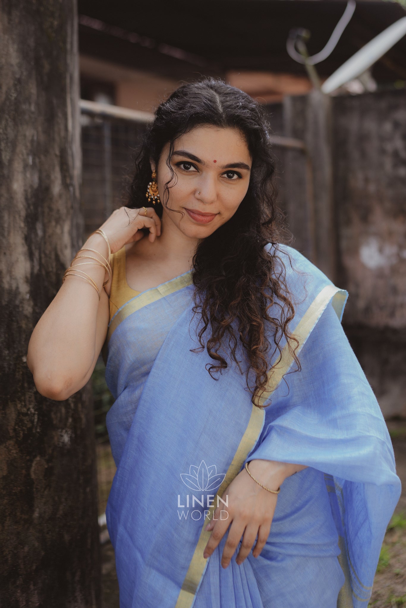 tanishka: blue gold zari pure handwoven linen saree - linen world