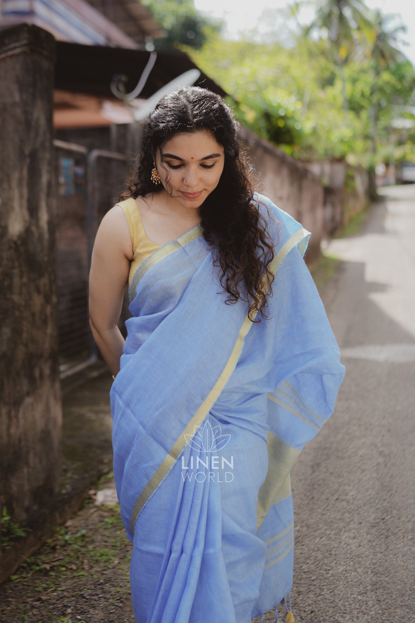 tanishka: blue gold zari pure handwoven linen saree - linen world