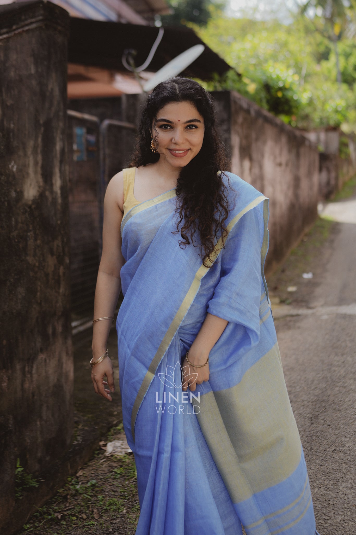 tanishka: blue gold zari pure handwoven linen saree - linen world