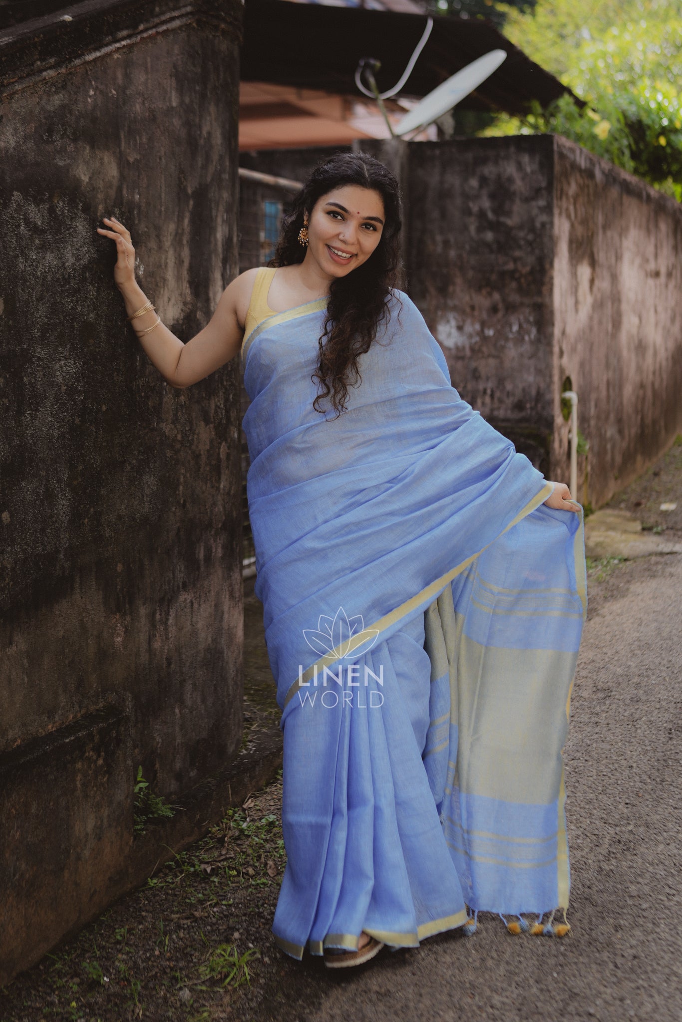 tanishka: blue gold zari pure handwoven linen saree - linen world
