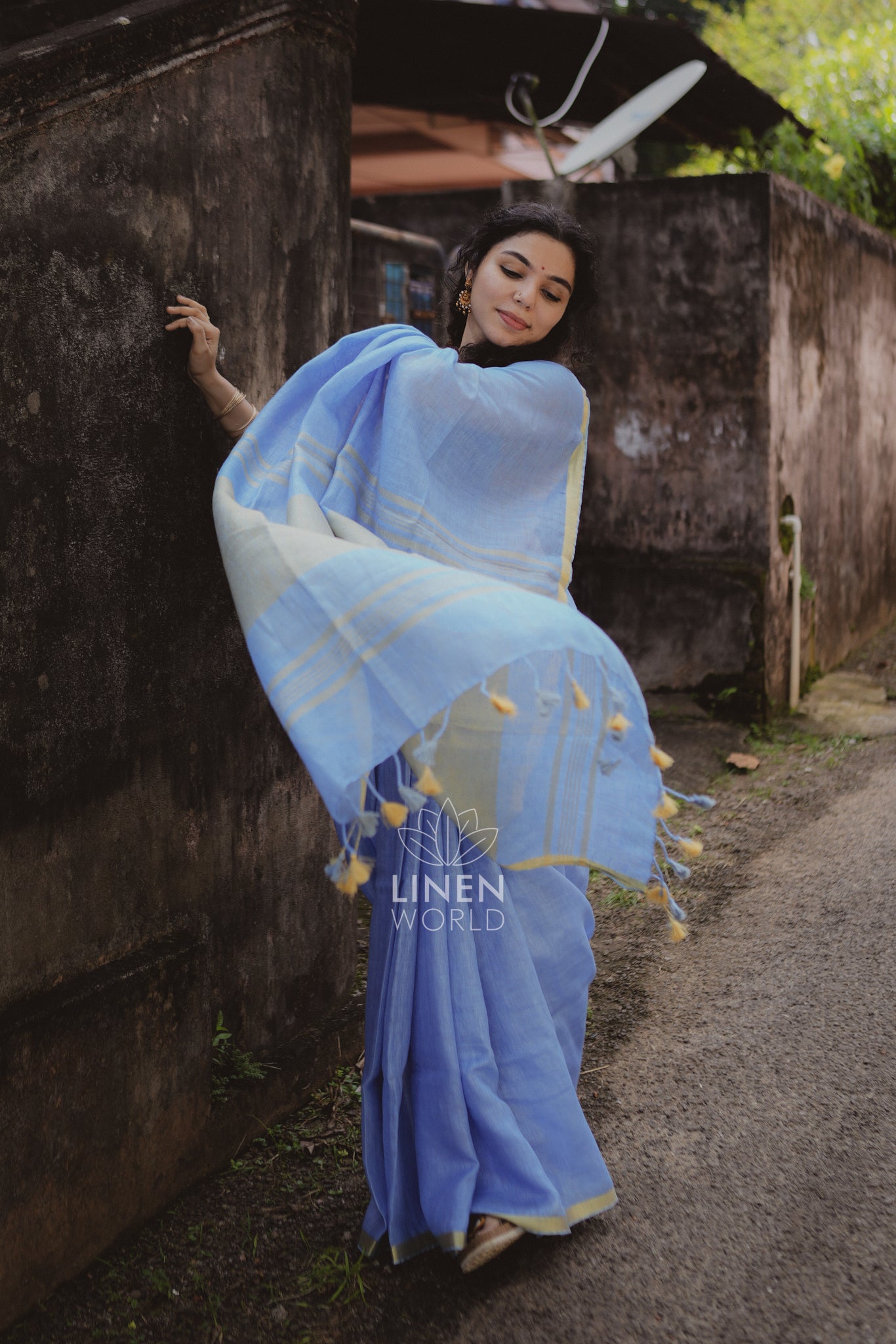 tanishka: blue gold zari pure handwoven linen saree - linen world
