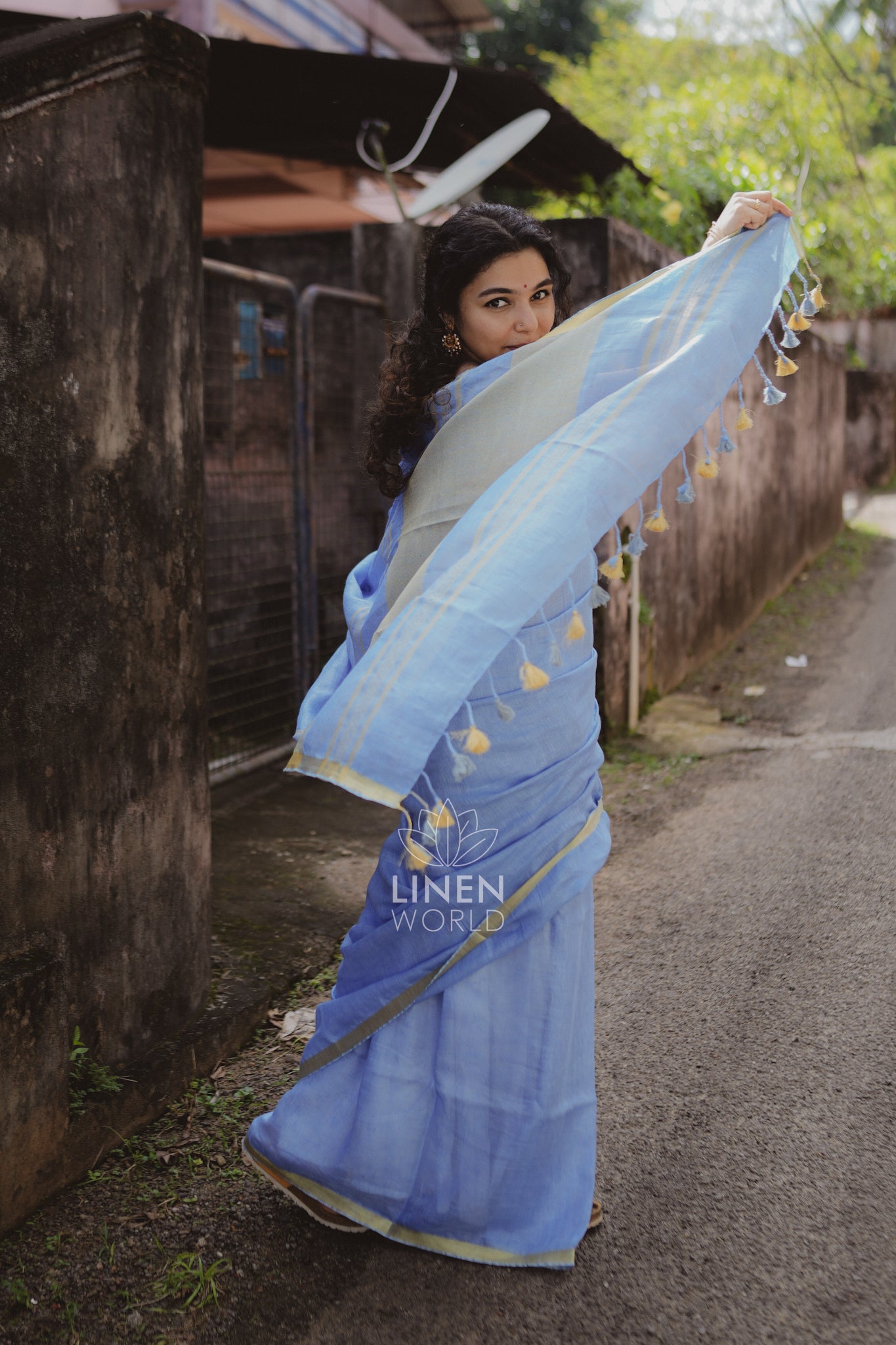 tanishka: blue gold zari pure handwoven linen saree - linen world